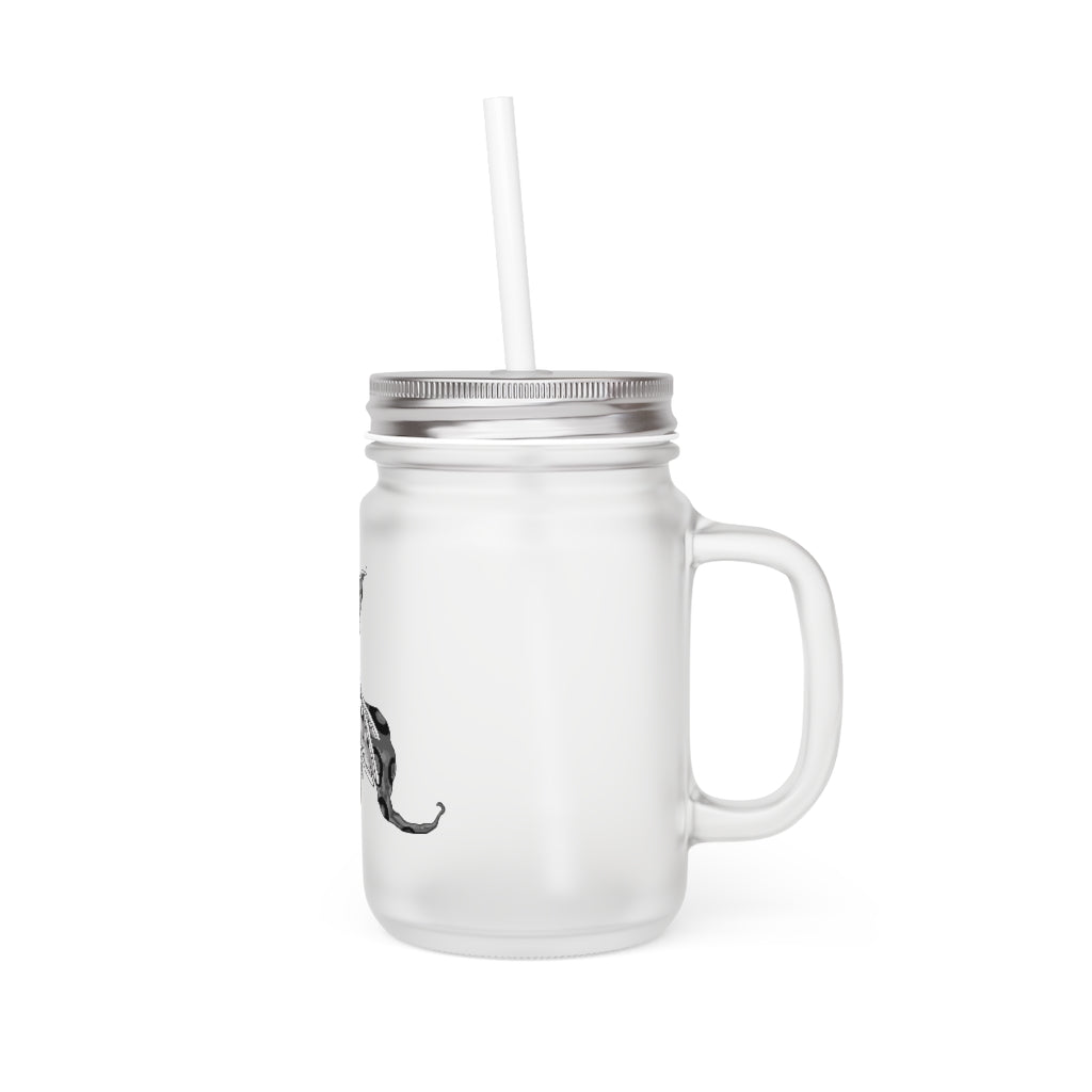 A stylish Rerann Mason Jar made of frosted glass, featuring a straw and lid, perfect for personalized drinks.