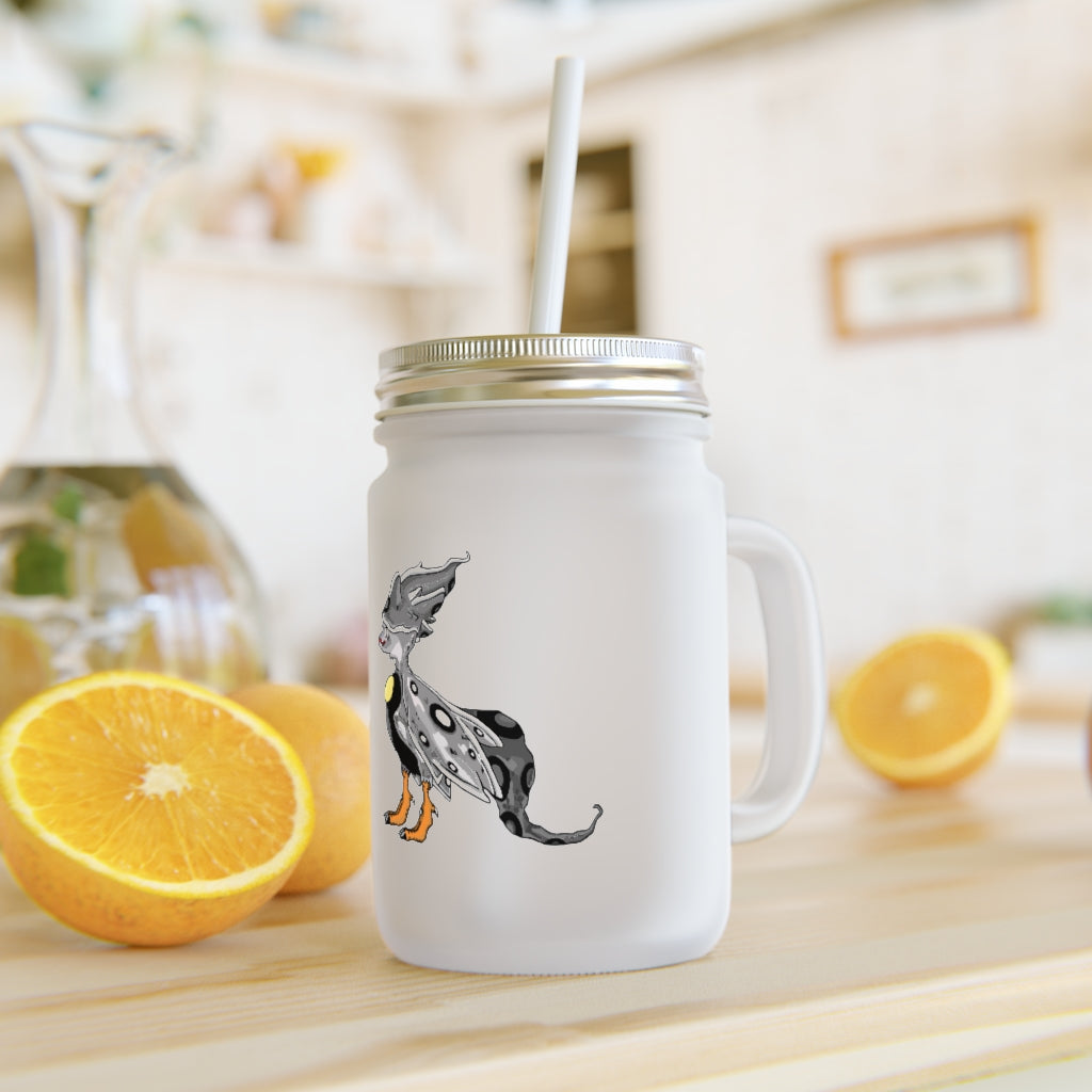 A stylish Rerann Mason Jar made of frosted glass, featuring a straw and lid, perfect for personalized drinks.