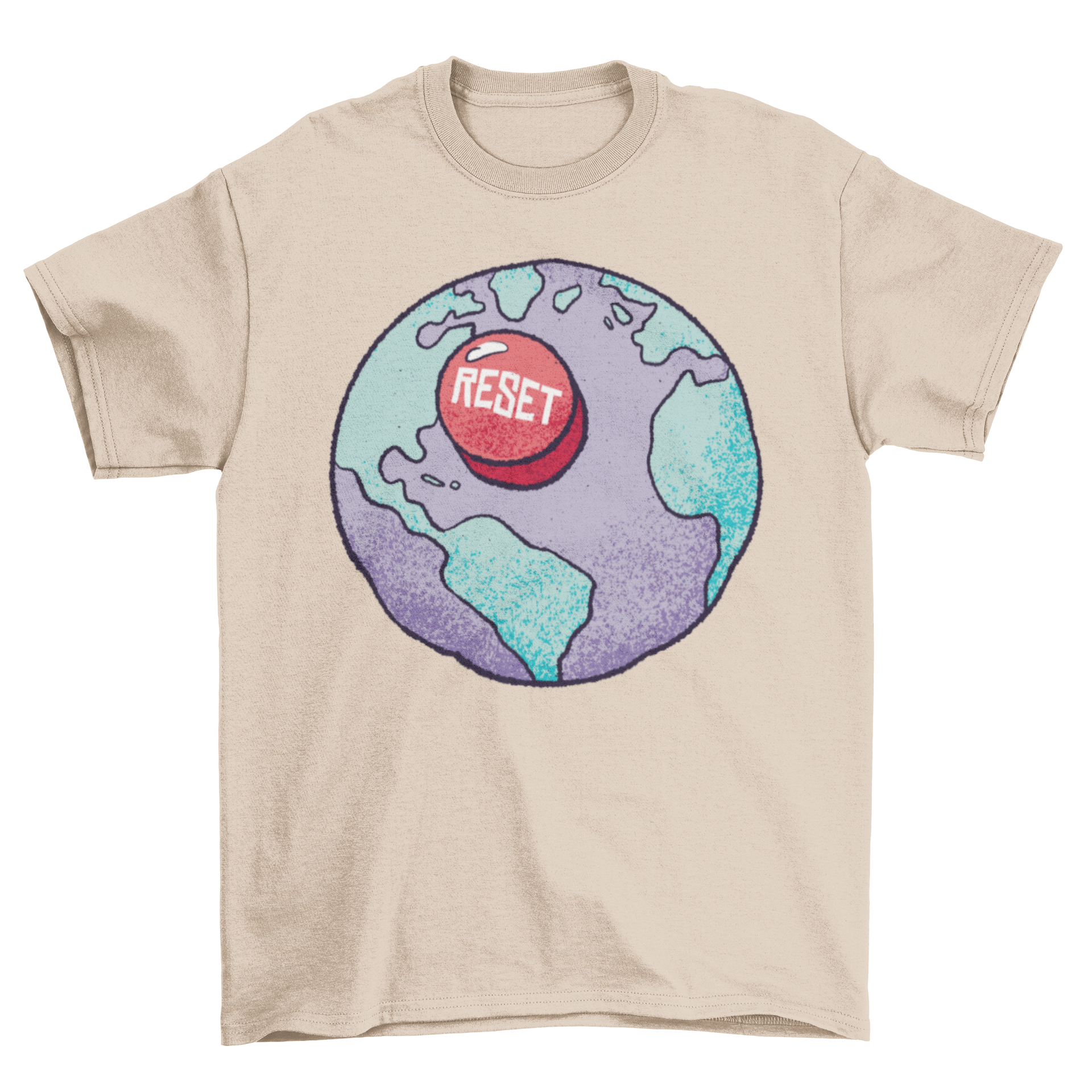 Reset Earth T-shirt featuring an illustration of Earth and a red 'RESET' button, symbolizing environmental awareness.