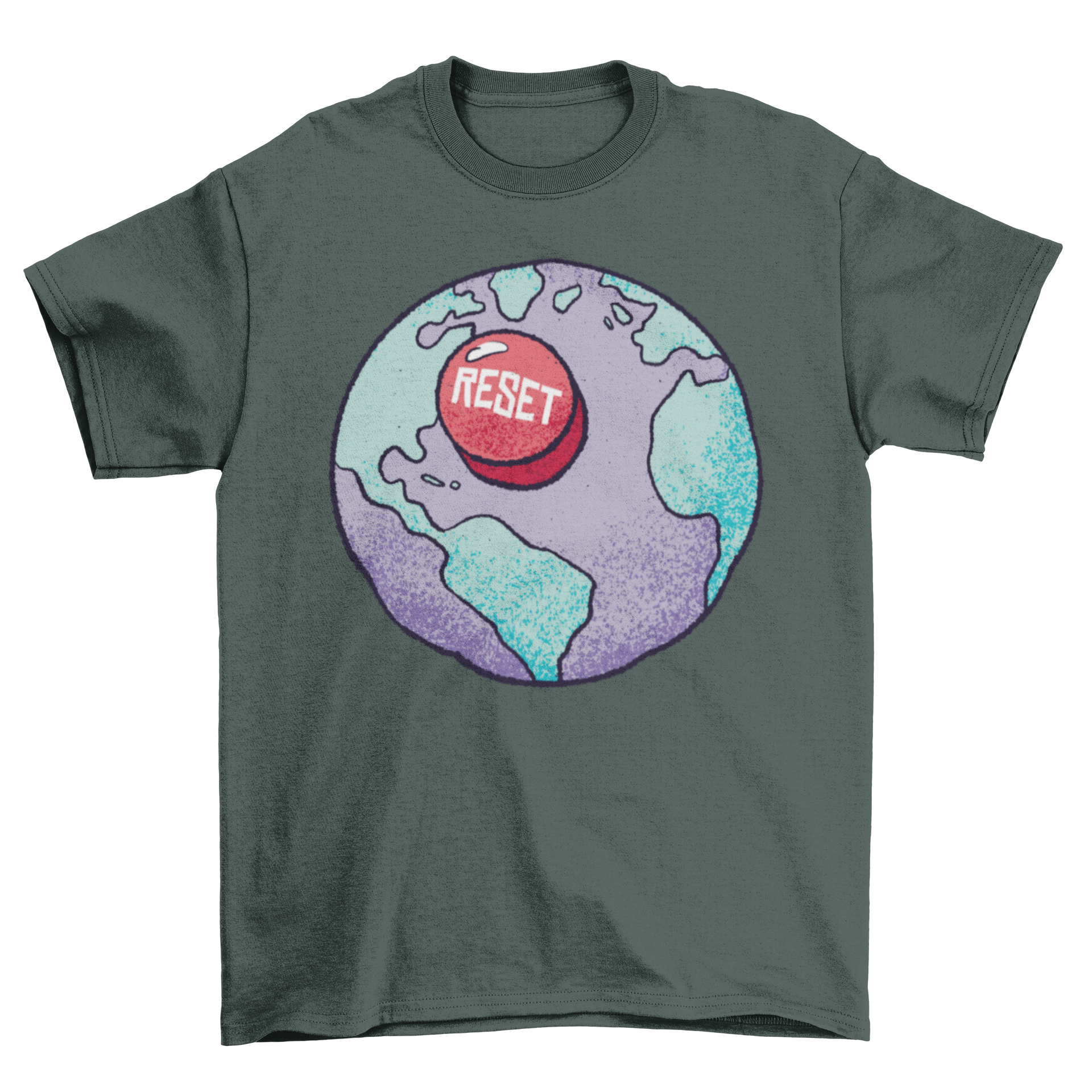 Reset Earth T-shirt featuring an illustration of Earth and a red 'RESET' button, symbolizing environmental awareness.