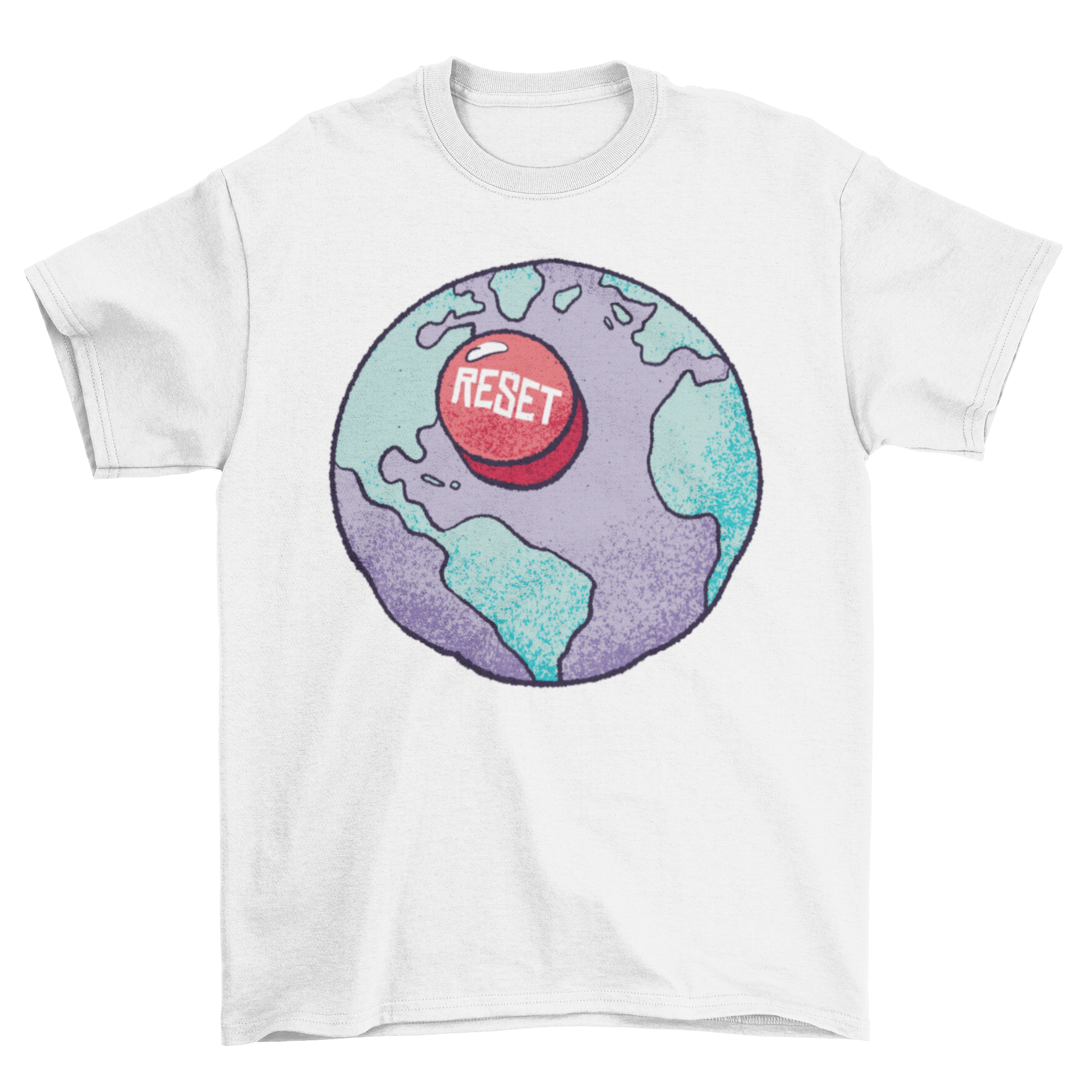 Reset Earth T-shirt featuring an illustration of Earth and a red 'RESET' button, symbolizing environmental awareness.