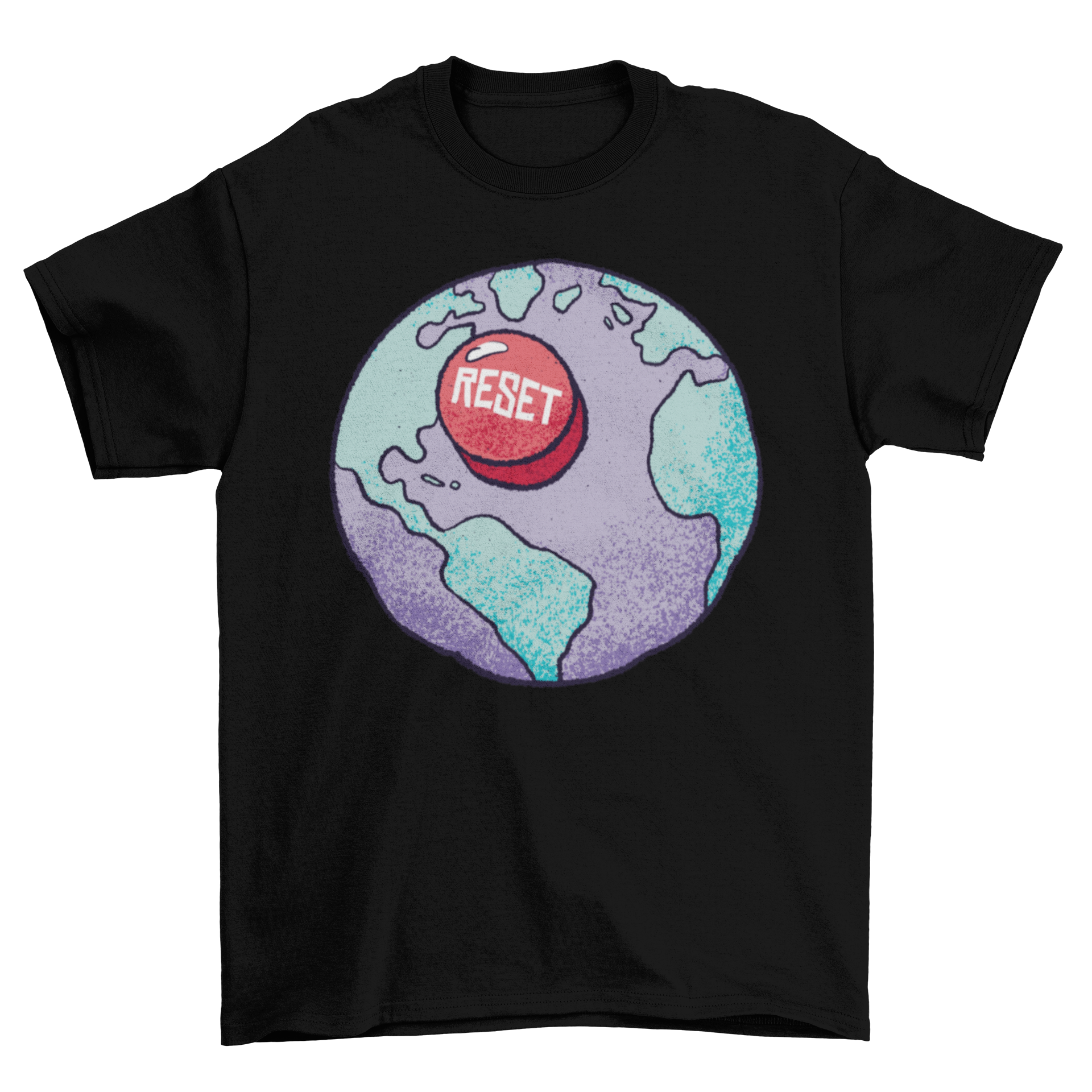 Reset Earth T-shirt featuring an illustration of Earth and a red 'RESET' button, symbolizing environmental awareness.