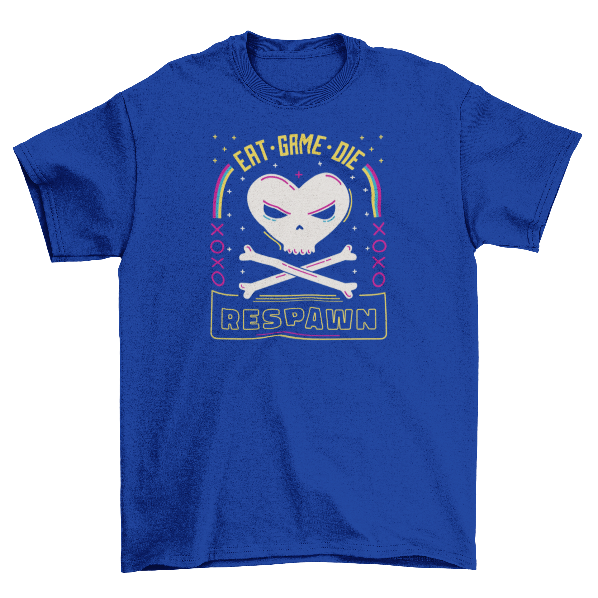 Respawn gaming 80s t-shirt featuring a heart skull design and the quote 'Eat, game, die. Respawn'.