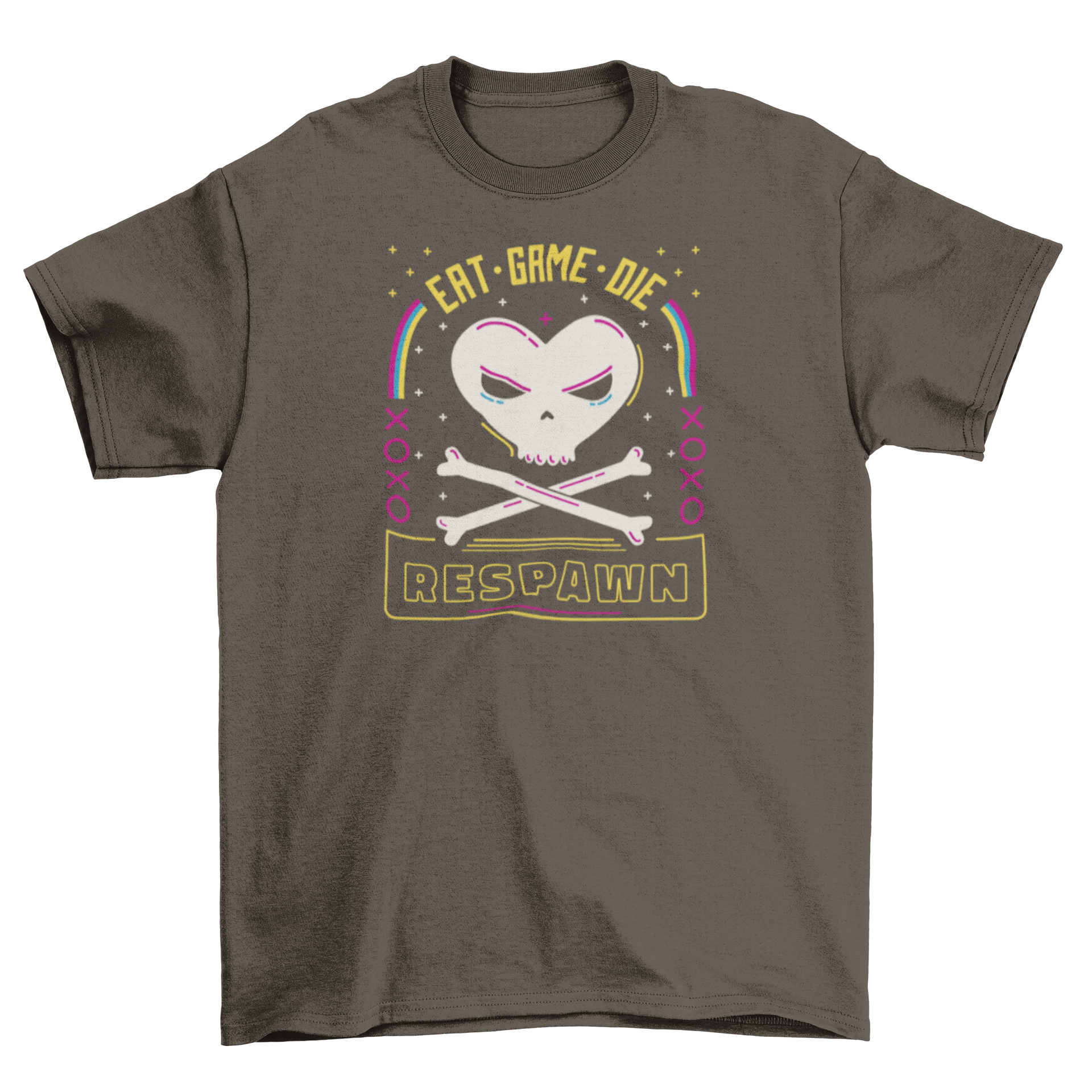 Respawn gaming 80s t-shirt featuring a heart skull design and the quote 'Eat, game, die. Respawn'.