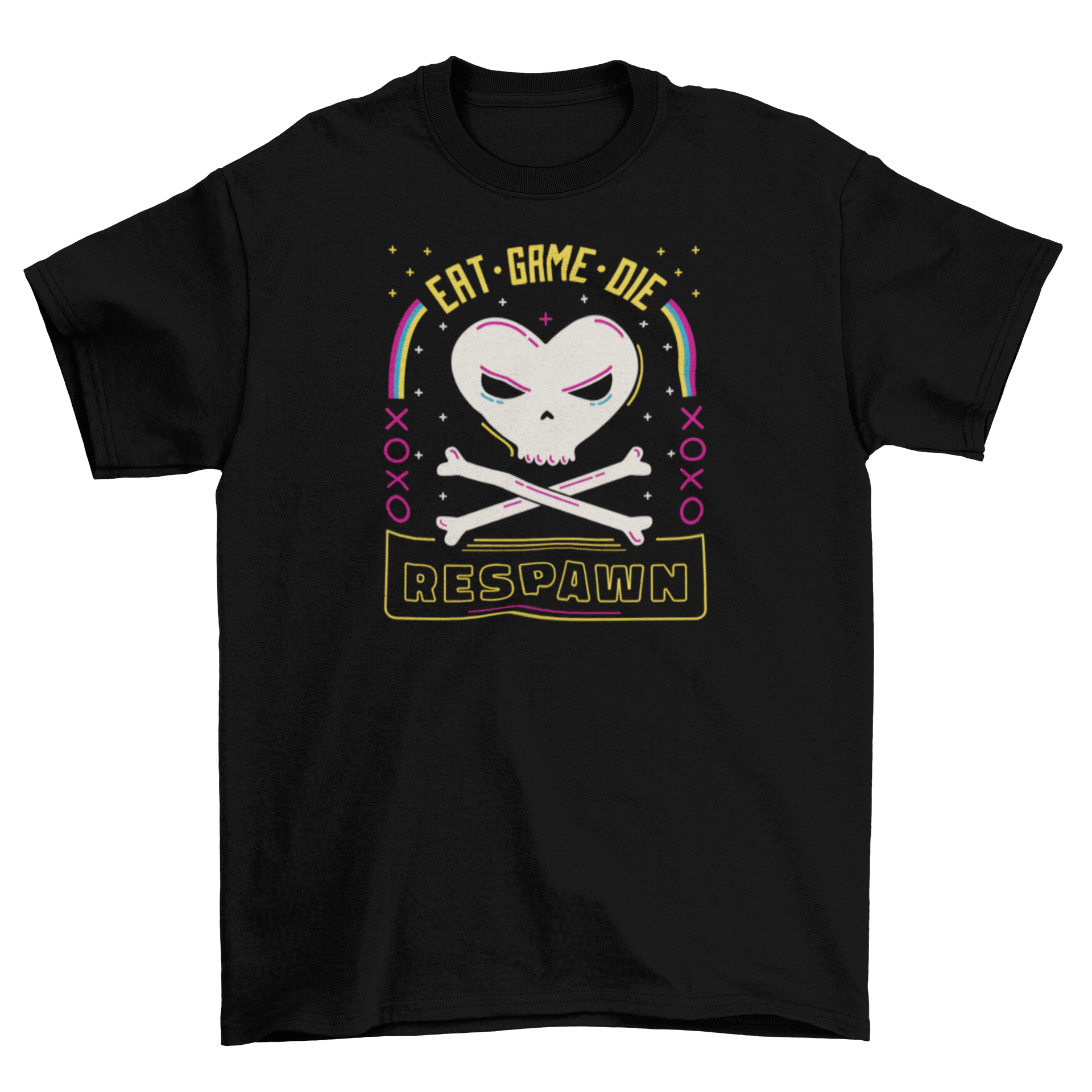 Respawn gaming 80s t-shirt featuring a heart skull design and the quote 'Eat, game, die. Respawn'.