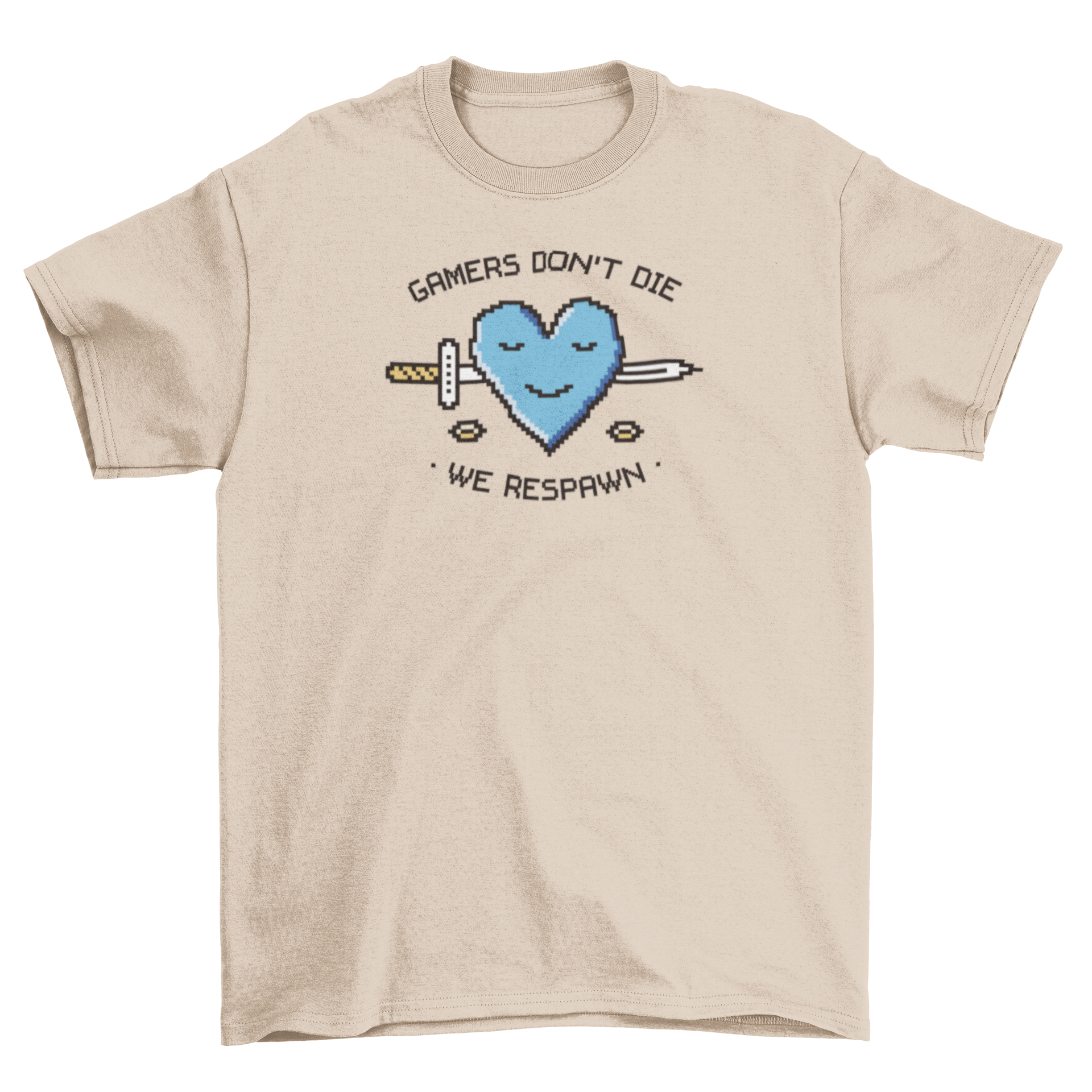 A stylish t-shirt featuring a pixelated heart design and the quote 'Gamers don't die, we respawn' in vibrant colors.