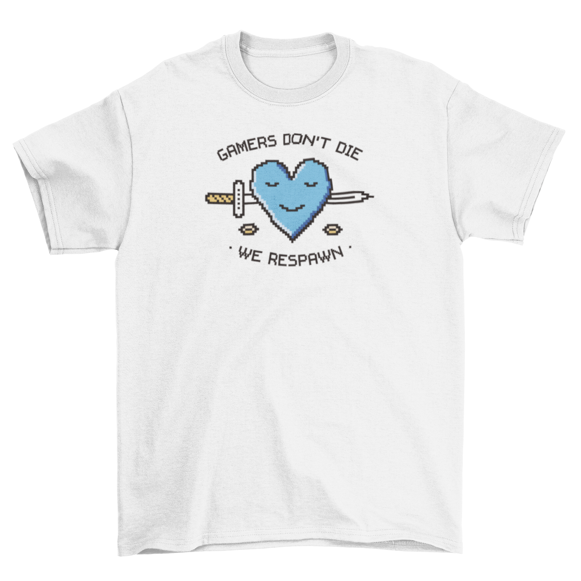 A stylish t-shirt featuring a pixelated heart design and the quote 'Gamers don't die, we respawn' in vibrant colors.