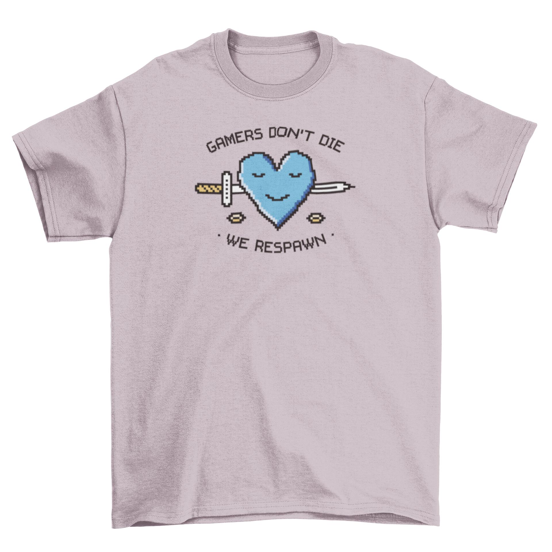 A stylish t-shirt featuring a pixelated heart design and the quote 'Gamers don't die, we respawn' in vibrant colors.