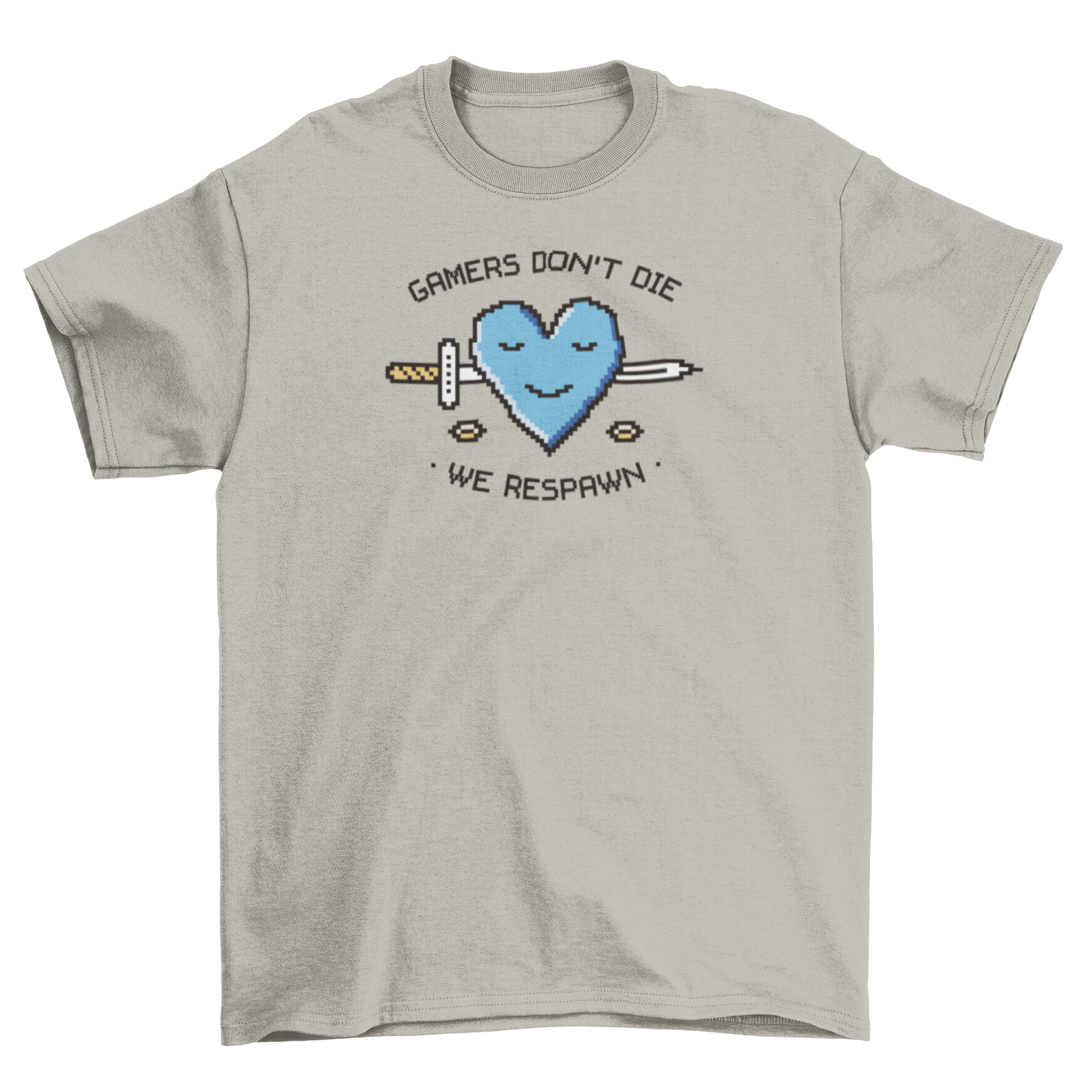 A stylish t-shirt featuring a pixelated heart design and the quote 'Gamers don't die, we respawn' in vibrant colors.