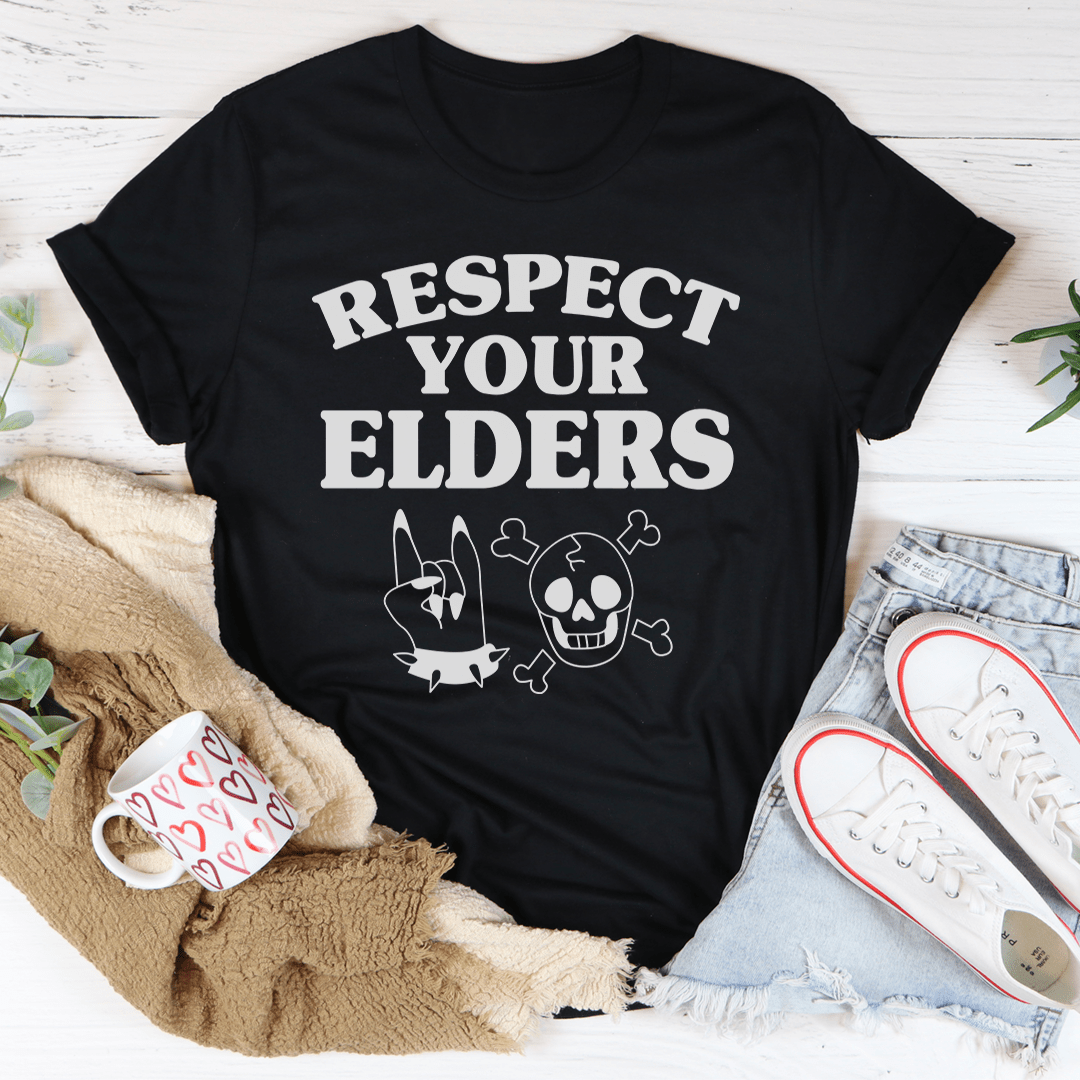 Respect Your Elders T-Shirt made of soft ring-spun cotton with double stitching for durability, featuring a meaningful message.