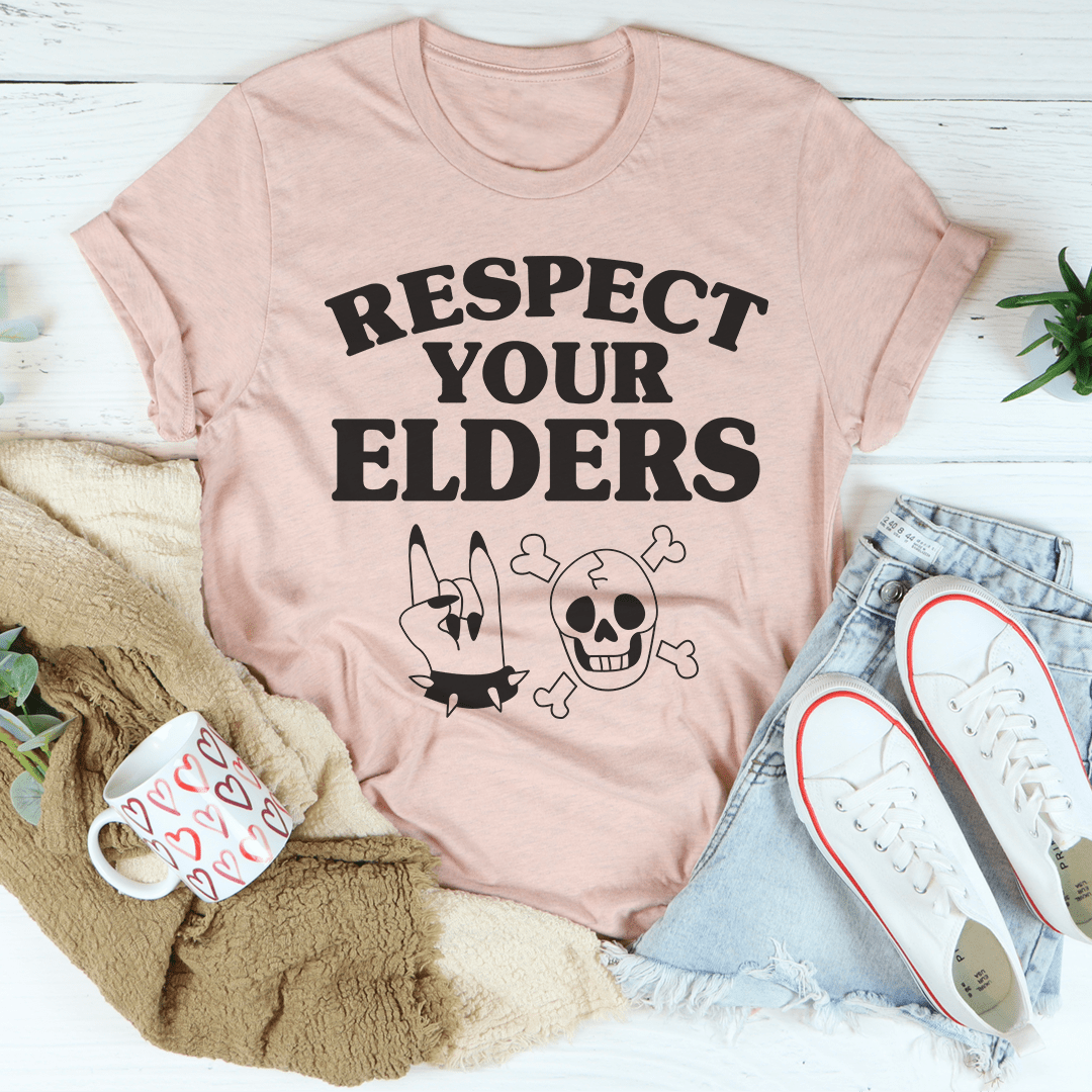 Respect Your Elders T-Shirt made of soft ring-spun cotton with double stitching for durability, featuring a meaningful message.