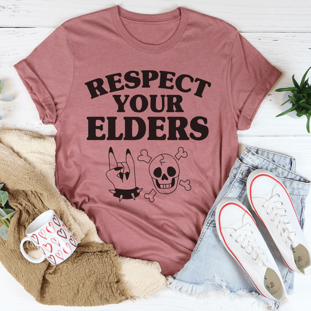 Respect Your Elders T-Shirt made of soft ring-spun cotton with double stitching for durability, featuring a meaningful message.