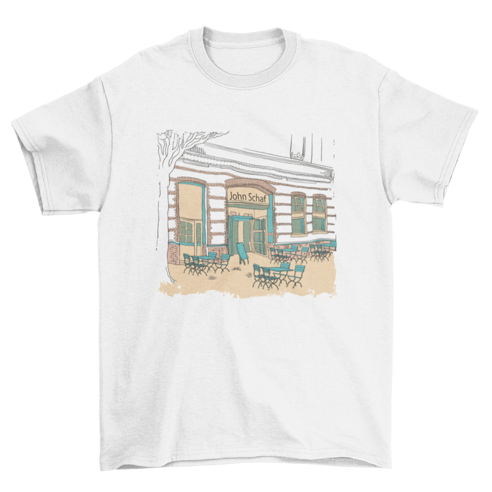 A stylish t-shirt featuring a charming restaurant design with empty tables outside, perfect for food lovers.