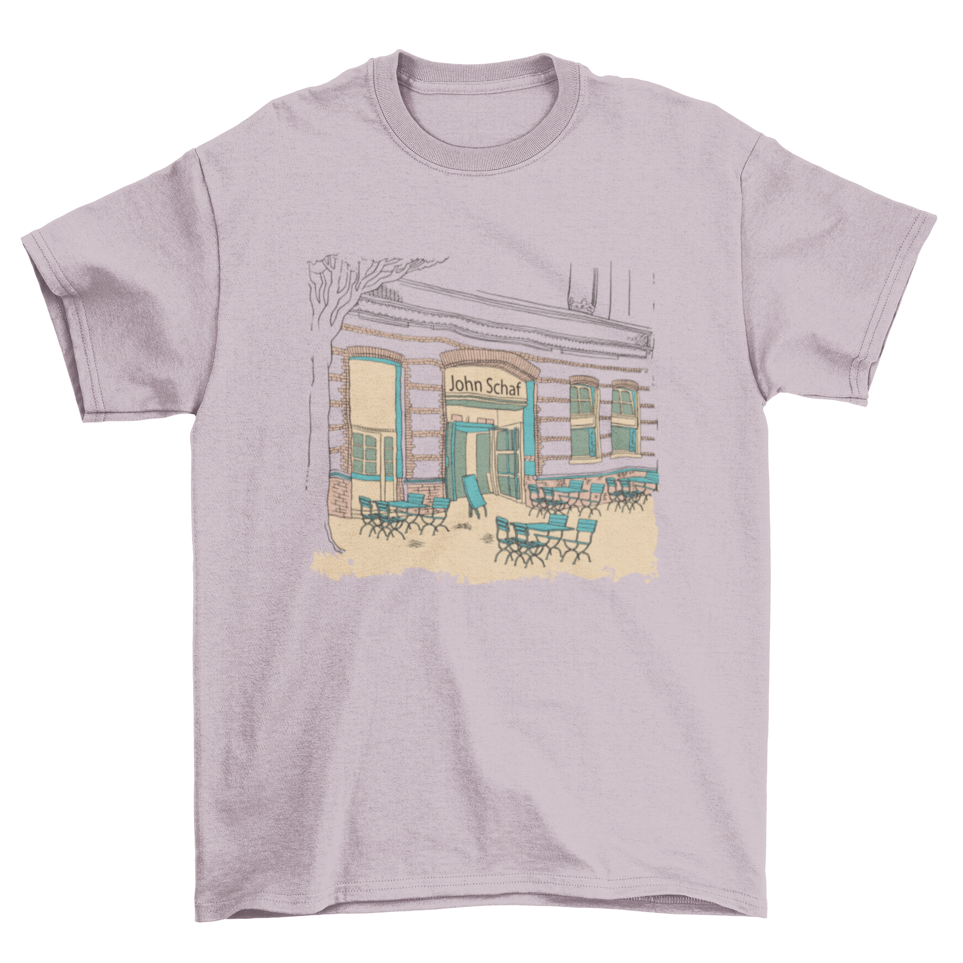 A stylish t-shirt featuring a charming restaurant design with empty tables outside, perfect for food lovers.