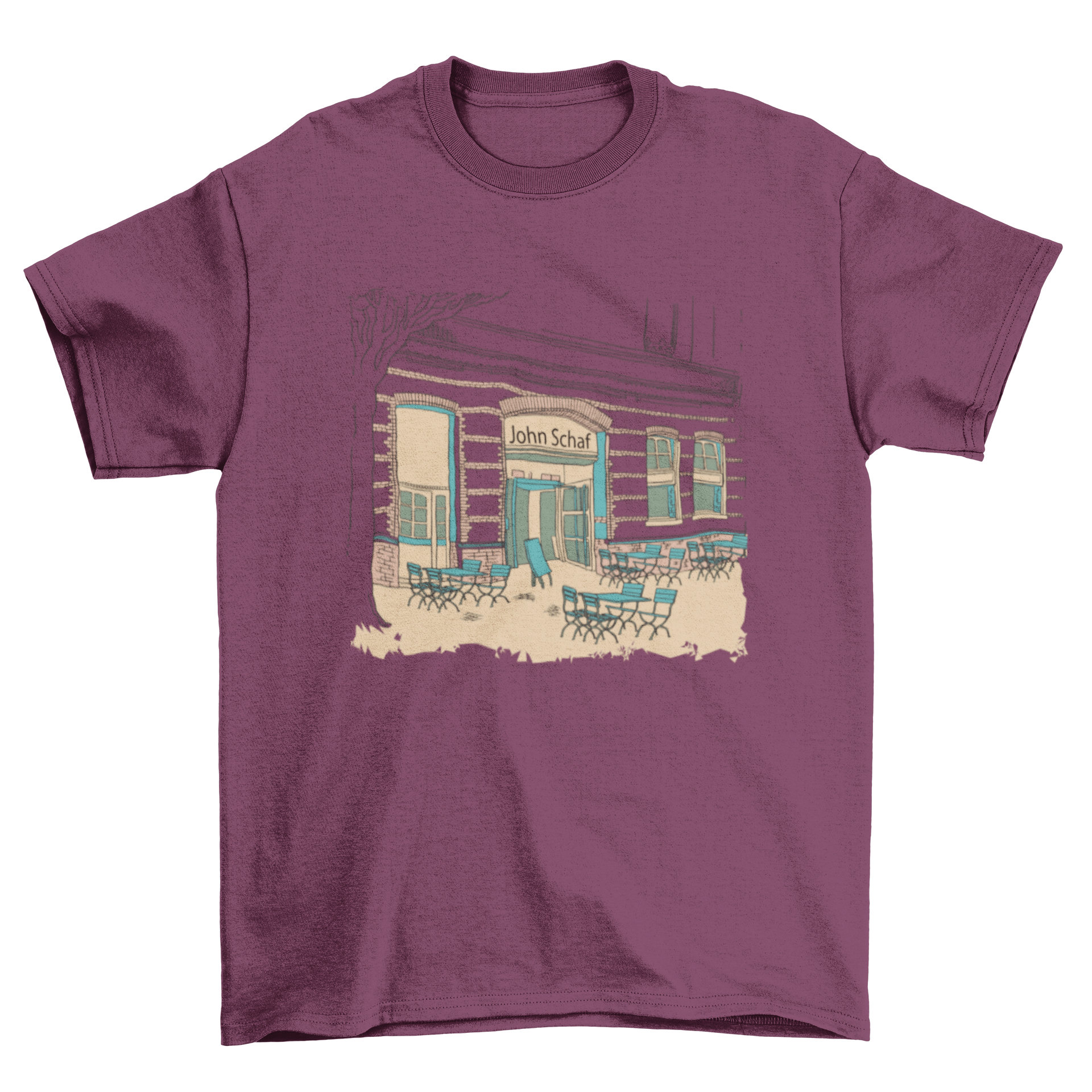 A stylish t-shirt featuring a charming restaurant design with empty tables outside, perfect for food lovers.