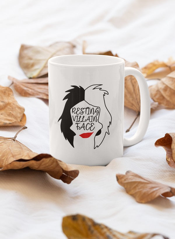 A stylish 11oz ceramic mug featuring a humorous Resting Villain Face design with a glossy finish.