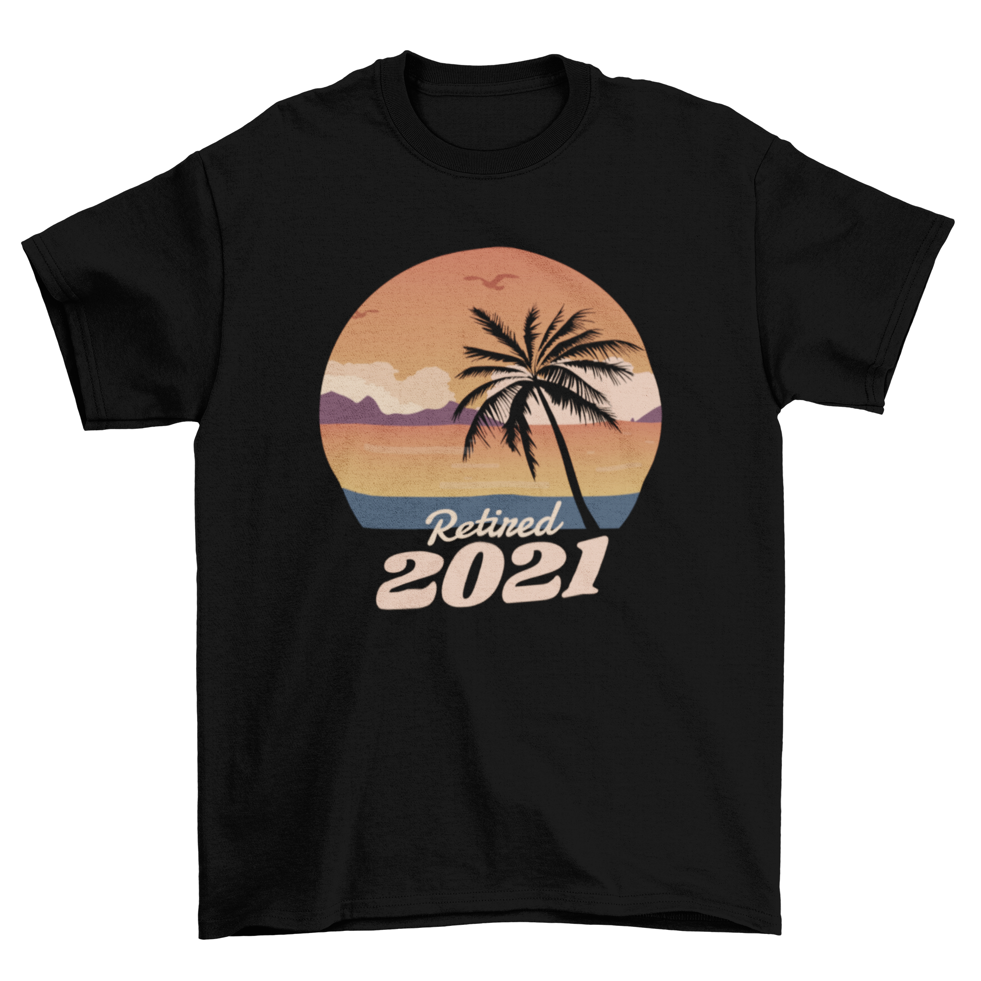 Retired 2021 beach landscape sunset t-shirt featuring a vibrant sunset over the ocean with palm trees.