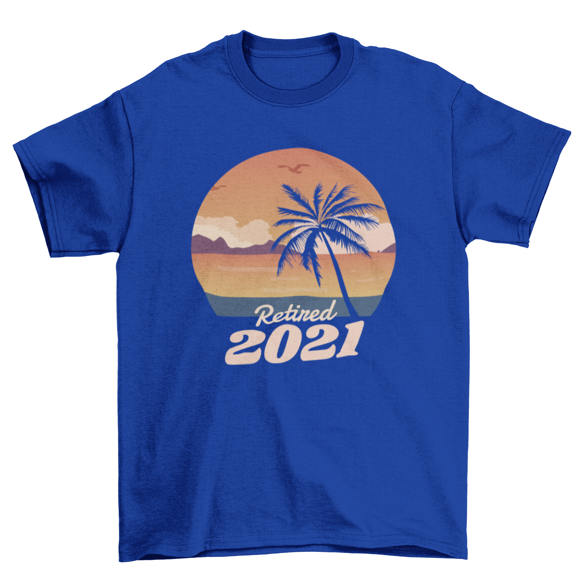 Retired 2021 beach landscape sunset t-shirt featuring a vibrant sunset over the ocean with palm trees.