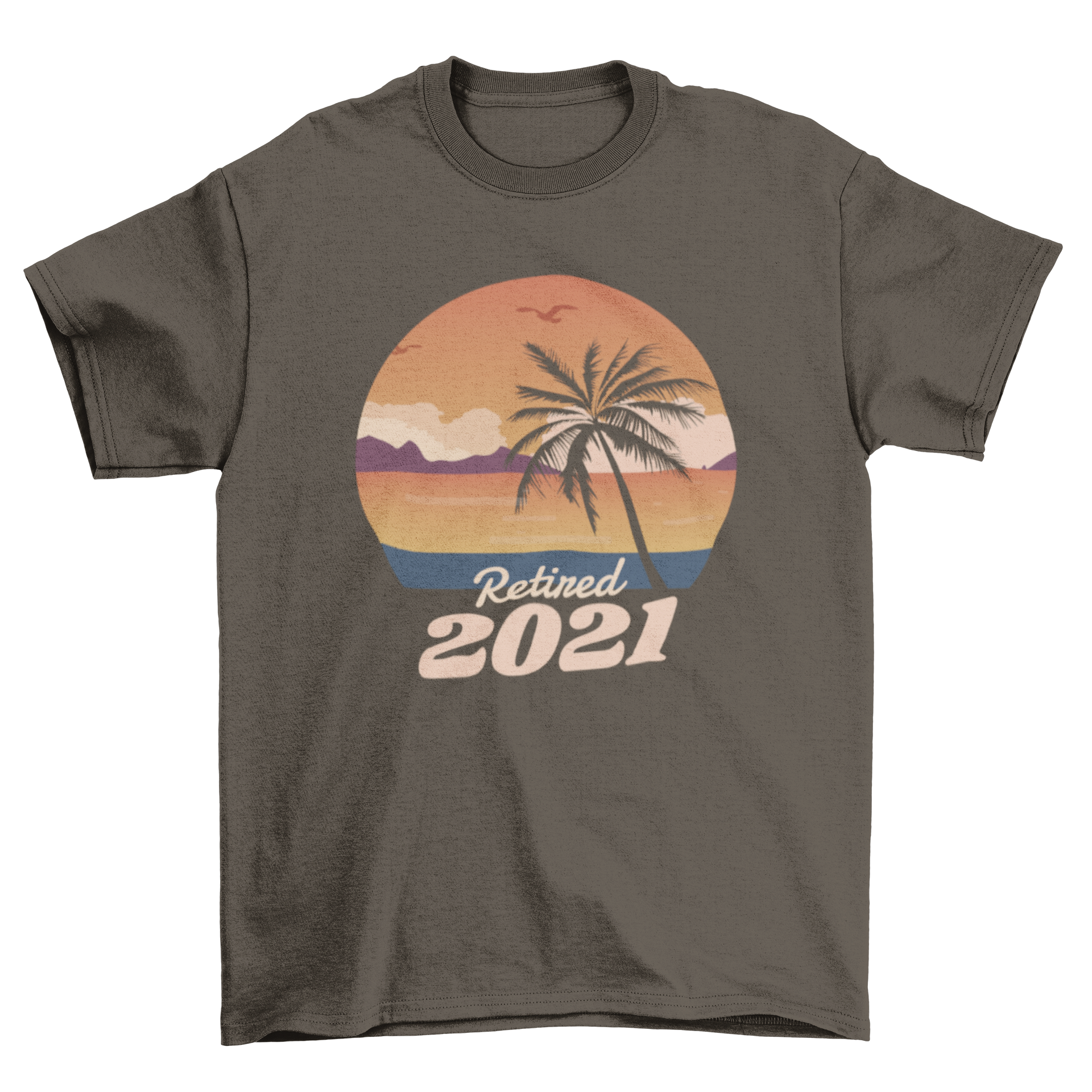 Retired 2021 beach landscape sunset t-shirt featuring a vibrant sunset over the ocean with palm trees.