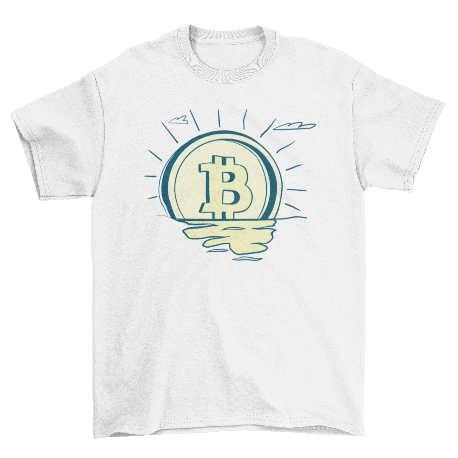 Retro Bitcoin Sunrise T-Shirt featuring a bitcoin symbol as the sun rising from water with reflection.