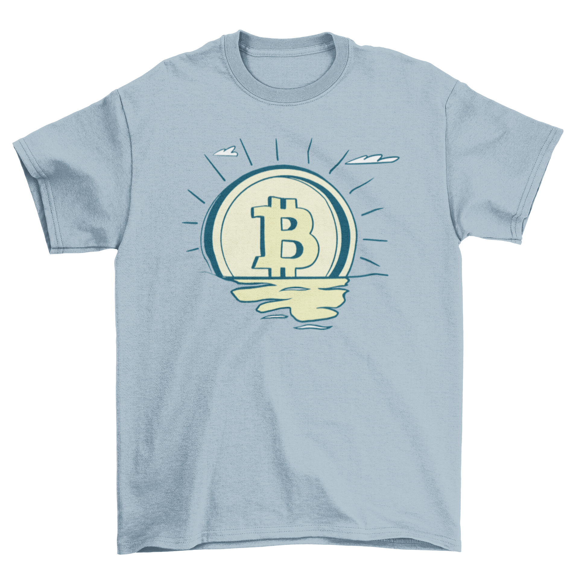 Retro Bitcoin Sunrise T-Shirt featuring a bitcoin symbol as the sun rising from water with reflection.