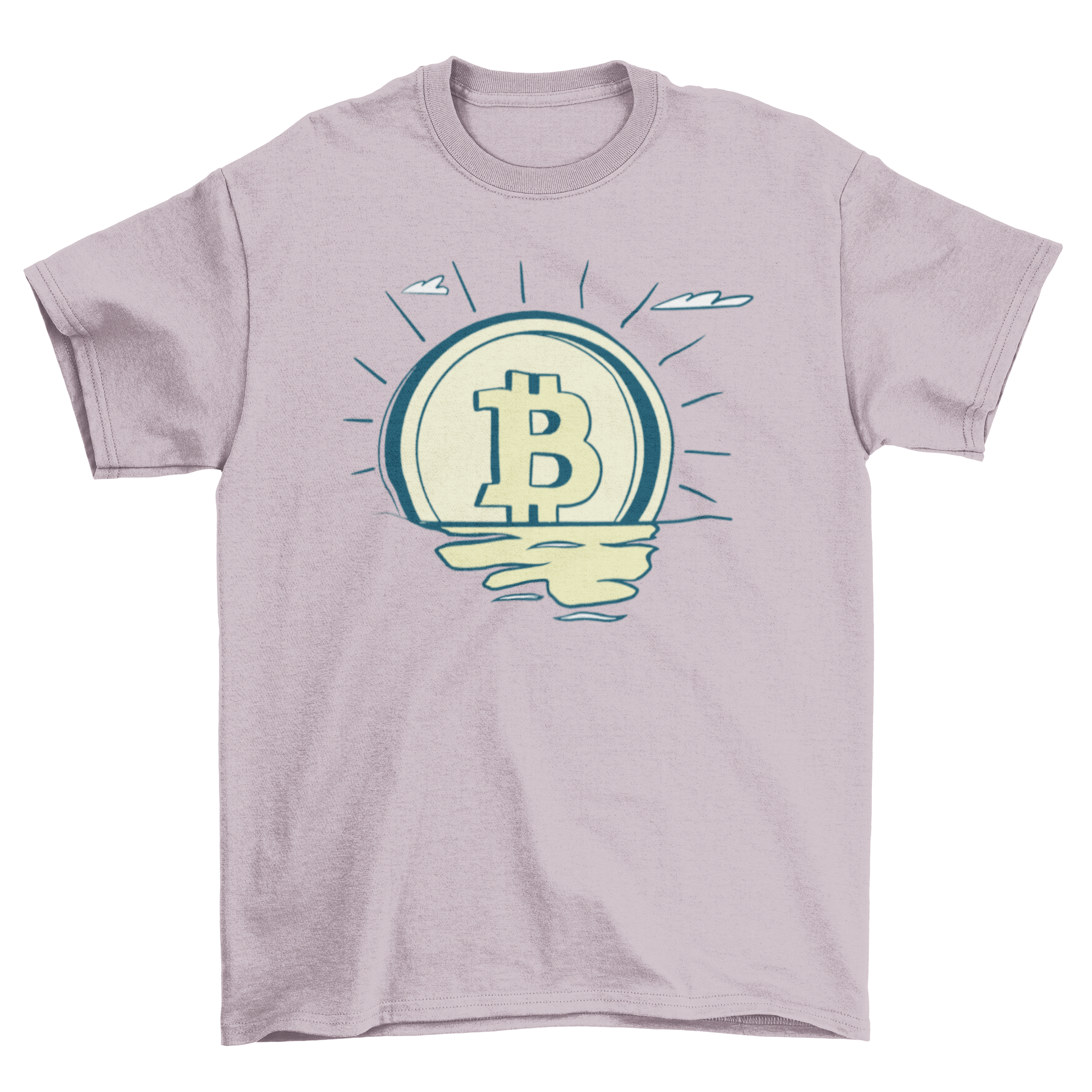 Retro Bitcoin Sunrise T-Shirt featuring a bitcoin symbol as the sun rising from water with reflection.