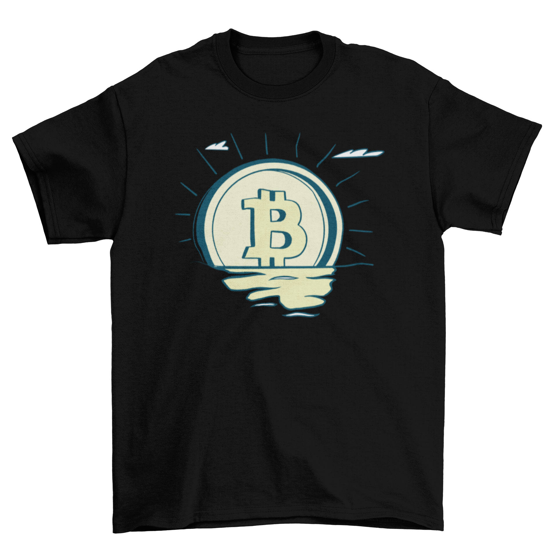 Retro Bitcoin Sunrise T-Shirt featuring a bitcoin symbol as the sun rising from water with reflection.