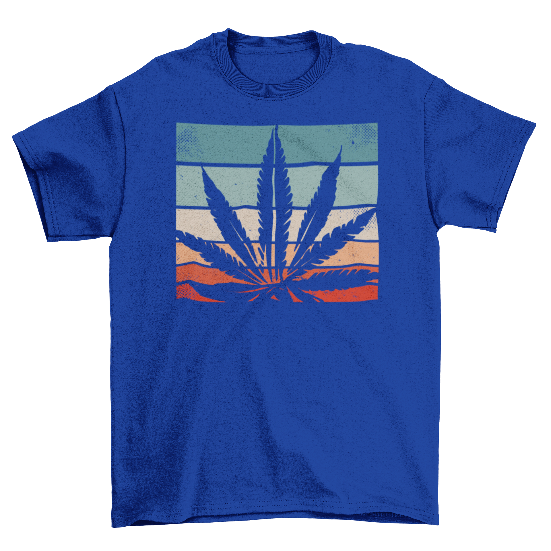 A stylish retro cannabis t-shirt featuring a vibrant cannabis leaf design against a colorful retro background.