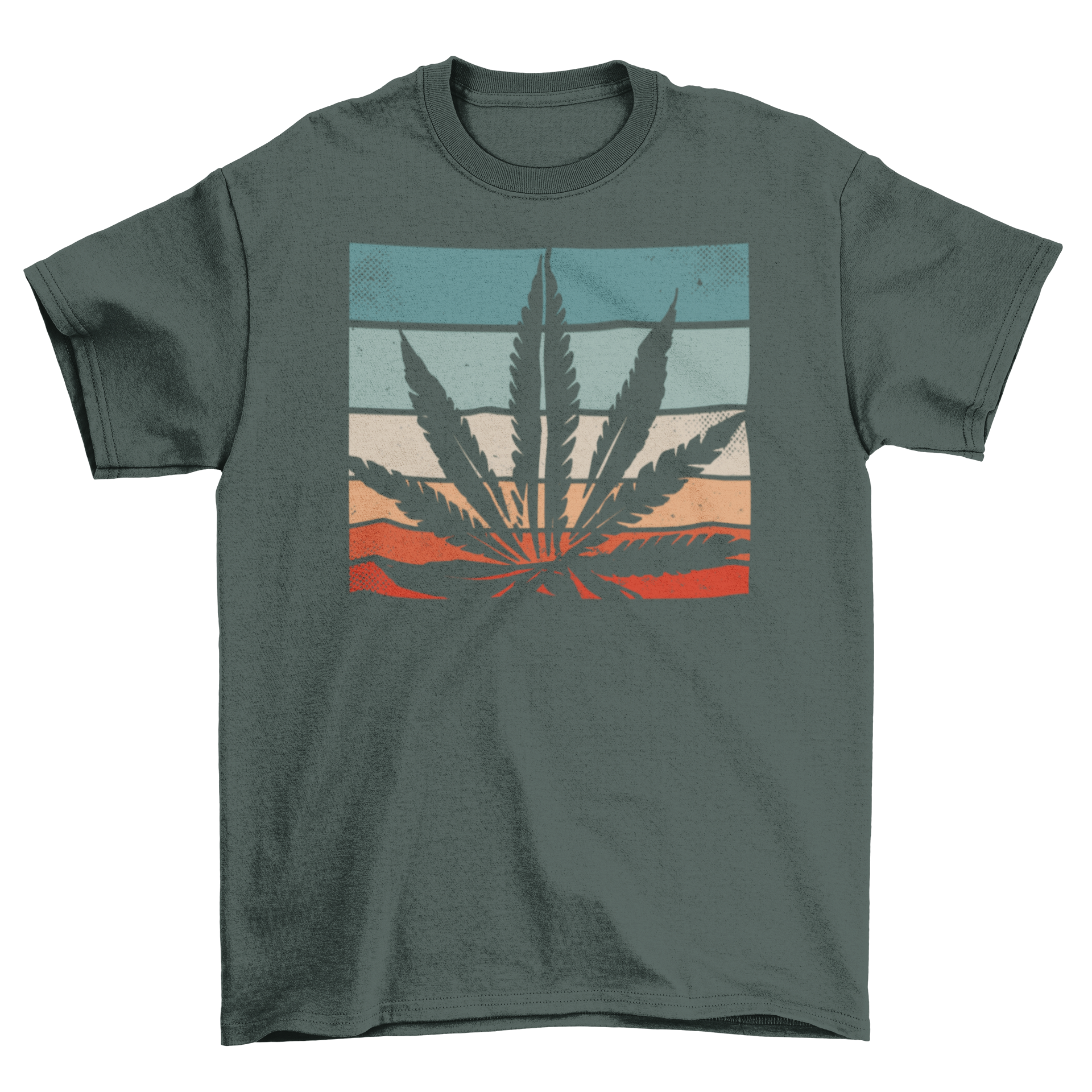 A stylish retro cannabis t-shirt featuring a vibrant cannabis leaf design against a colorful retro background.