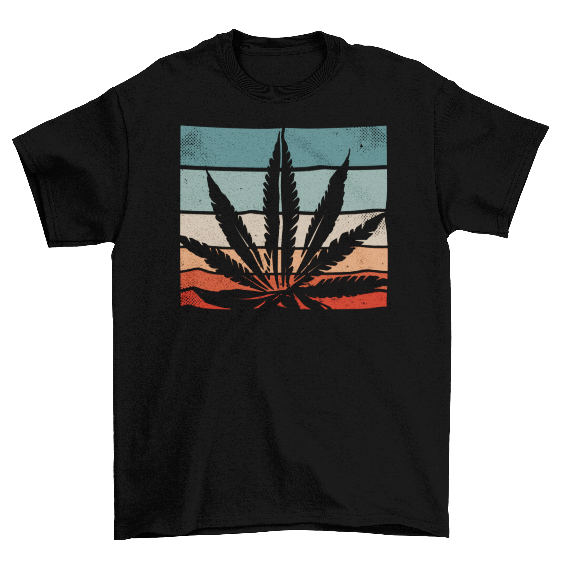 A stylish retro cannabis t-shirt featuring a vibrant cannabis leaf design against a colorful retro background.