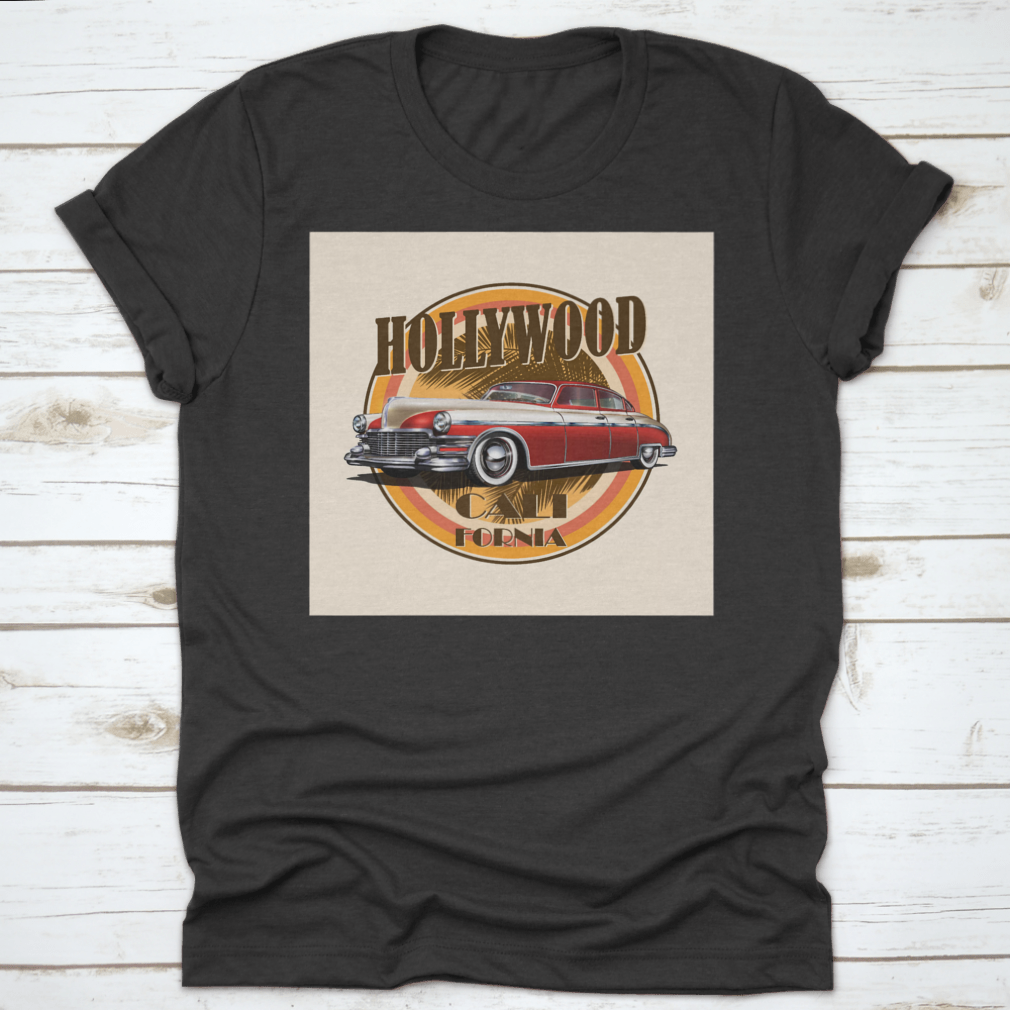 Retro car t-shirt featuring Hollywood typography with palm trees background, showcasing vibrant colors and stylish design.