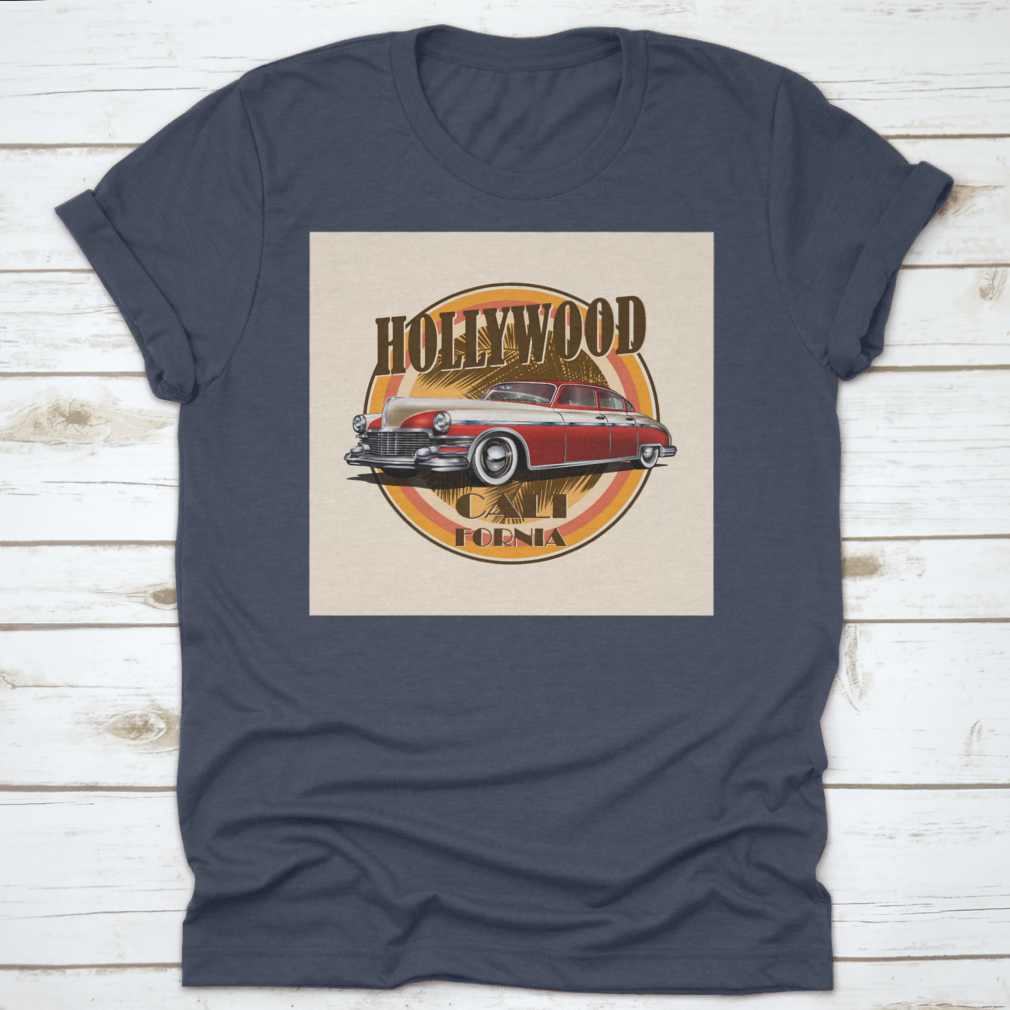 Retro car t-shirt featuring Hollywood typography with palm trees background, showcasing vibrant colors and stylish design.