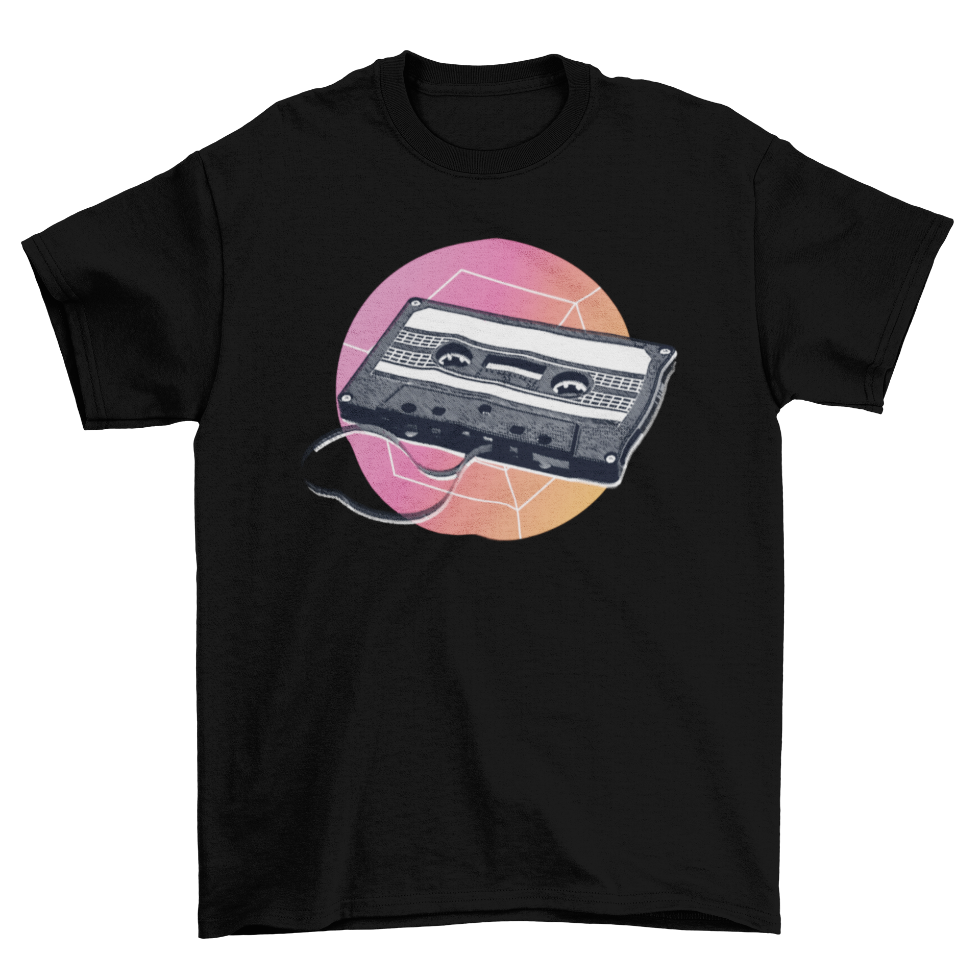 A stylish retro t-shirt featuring a vintage cassette tape illustration, perfect for music lovers.