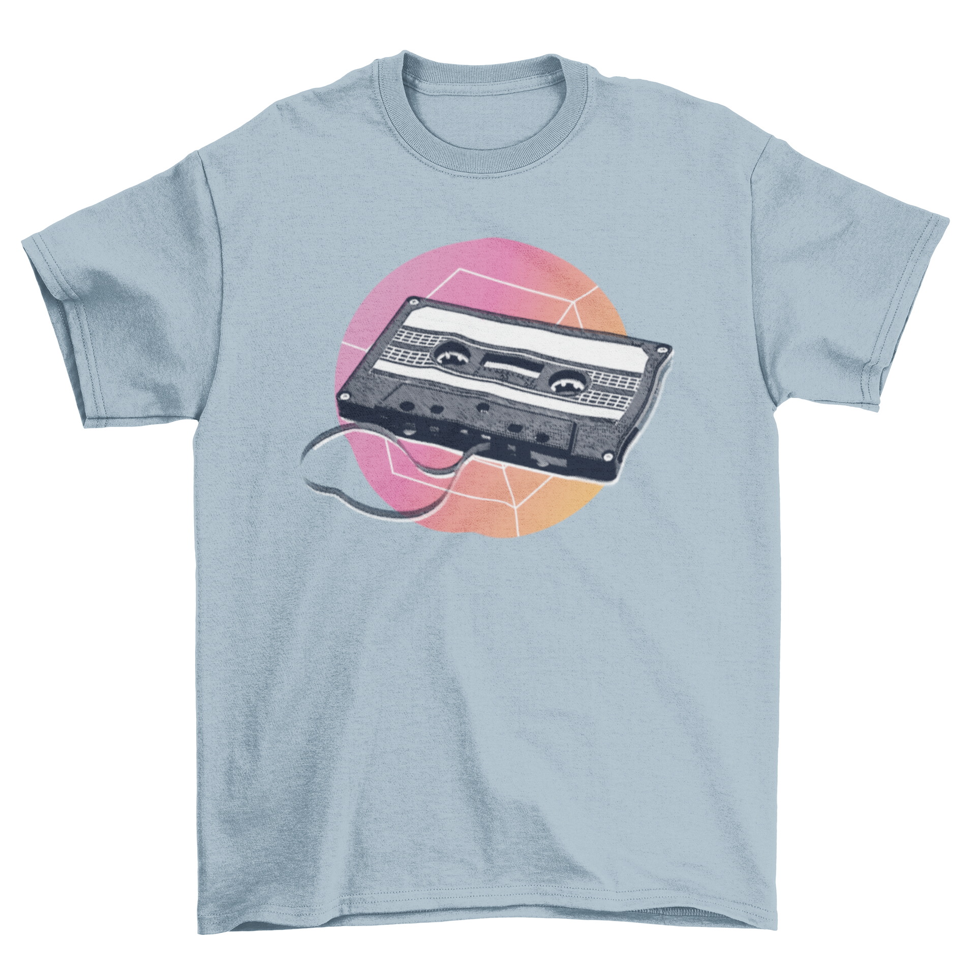 A stylish retro t-shirt featuring a vintage cassette tape illustration, perfect for music lovers.