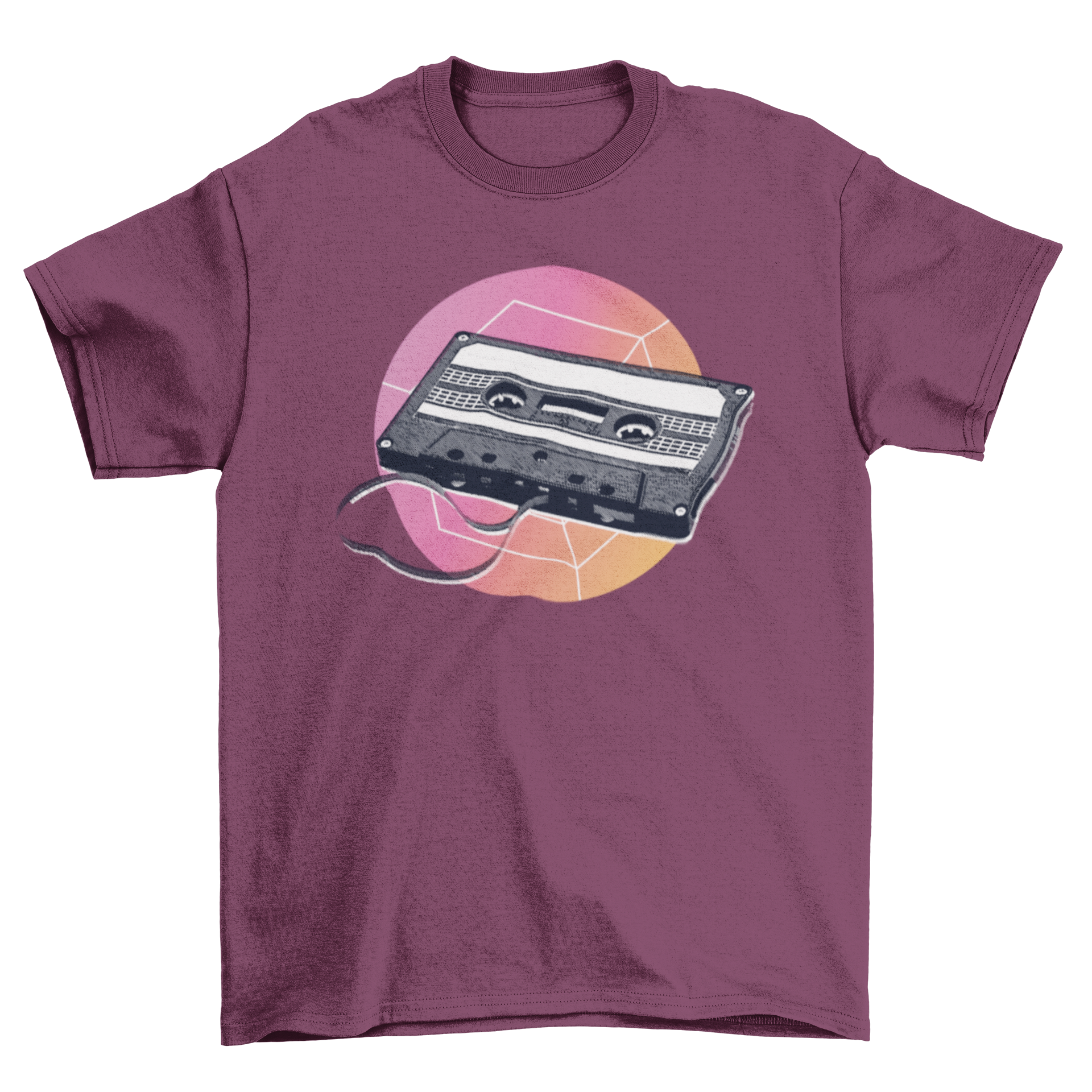 A stylish retro t-shirt featuring a vintage cassette tape illustration, perfect for music lovers.