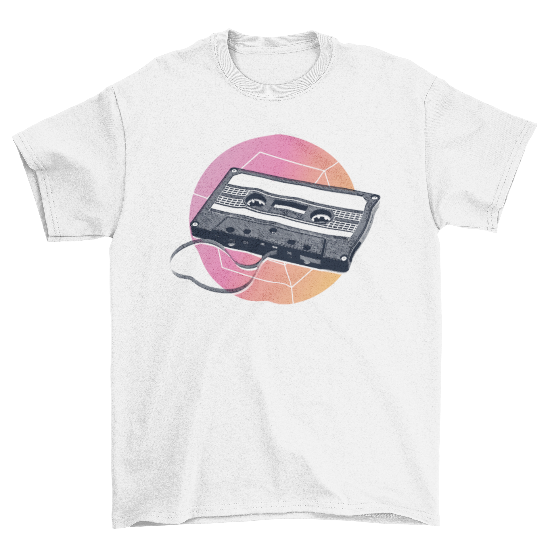 A stylish retro t-shirt featuring a vintage cassette tape illustration, perfect for music lovers.