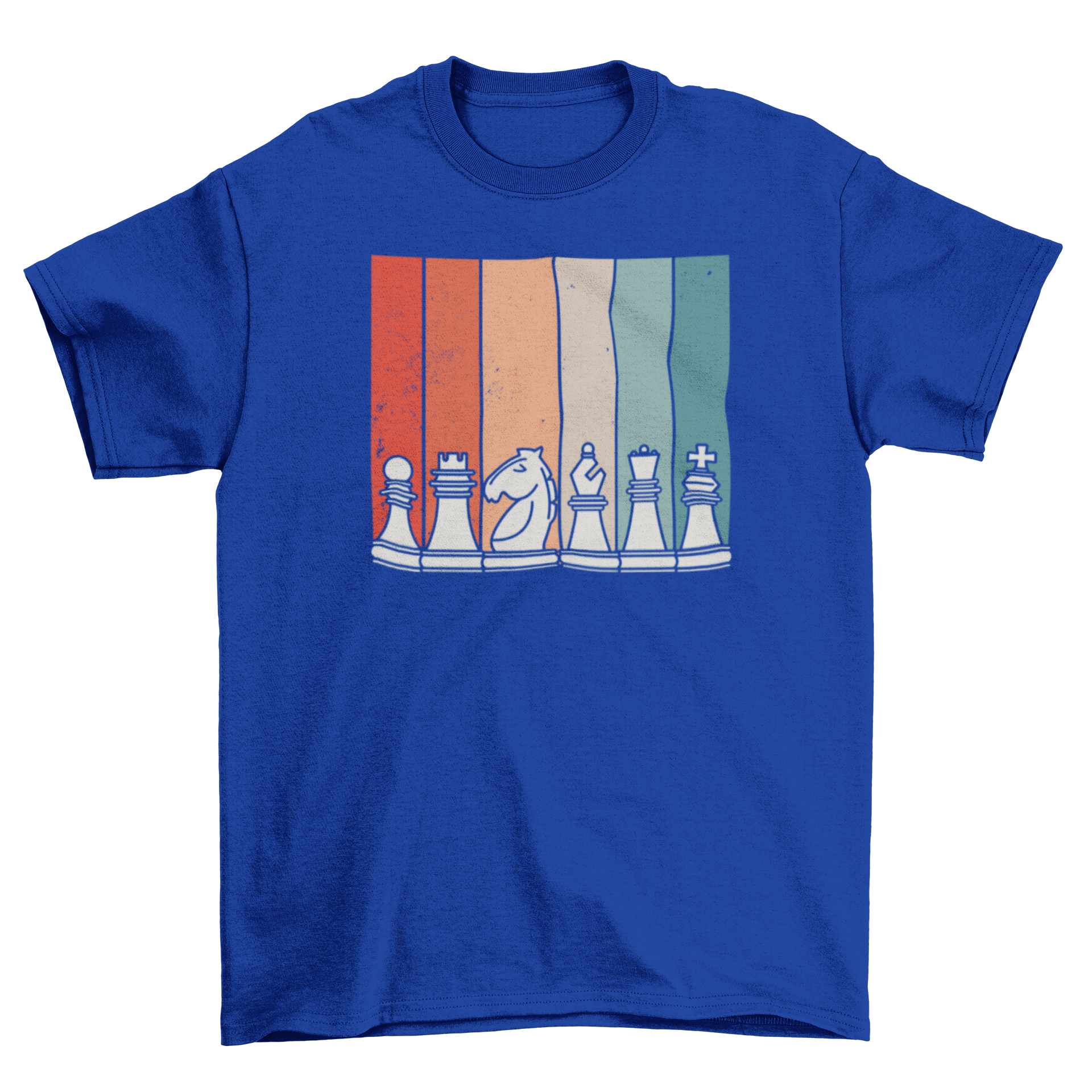 Retro chess t-shirt featuring six chess pieces against a colorful sunset background.