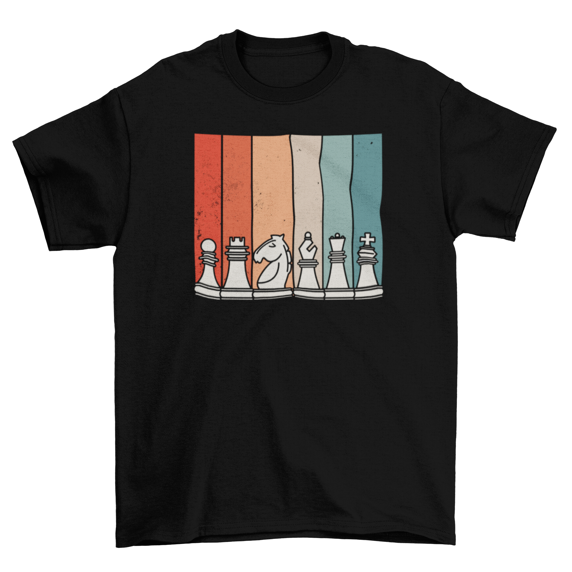 Retro chess t-shirt featuring six chess pieces against a colorful sunset background.