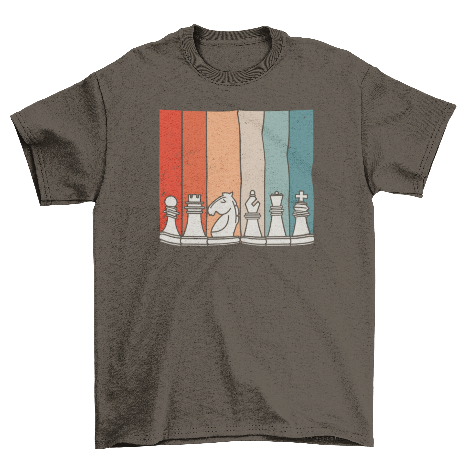 Retro chess t-shirt featuring six chess pieces against a colorful sunset background.