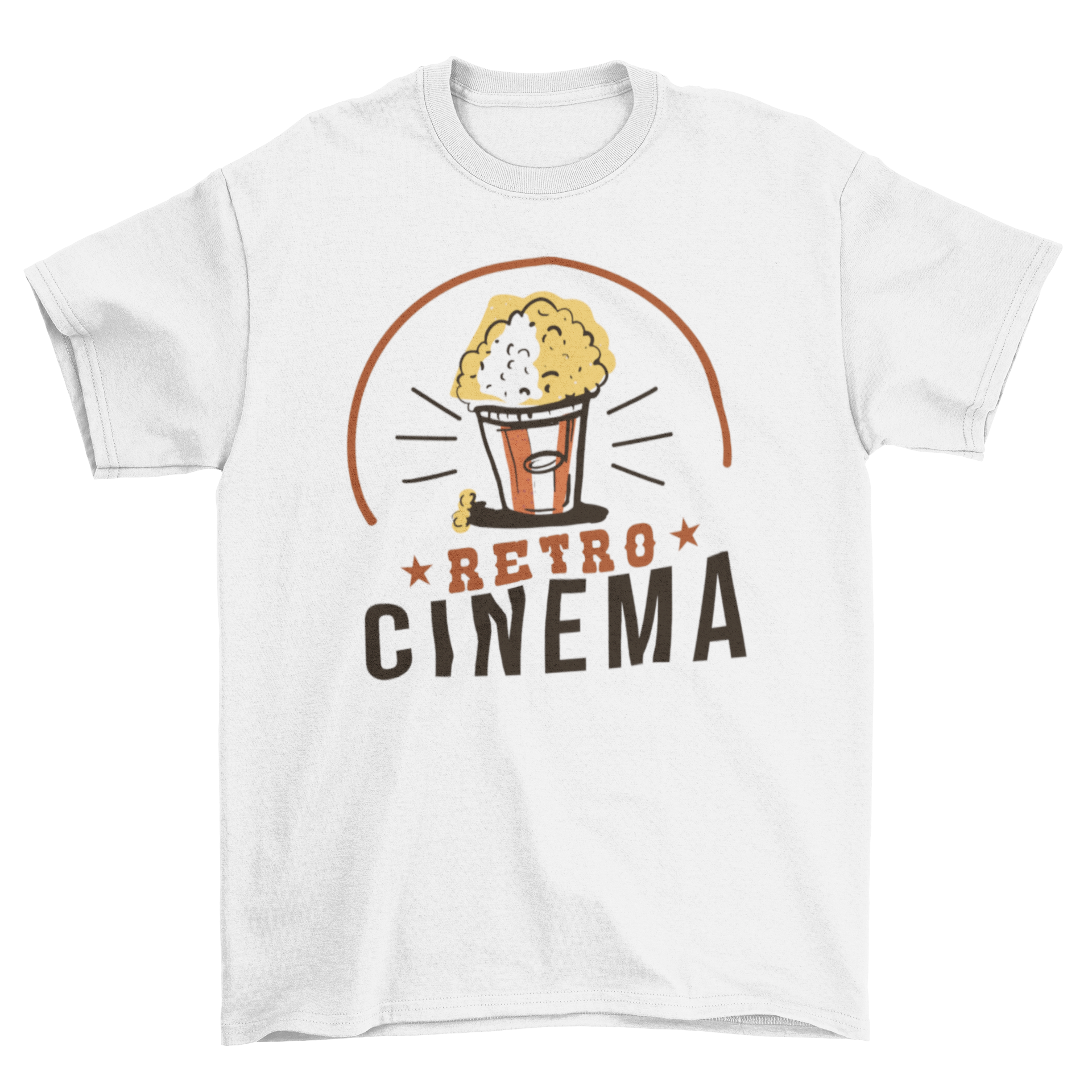 A stylish Retro Cinema t-shirt featuring a vintage popcorn graphic and the caption 'Retro Cinema'.