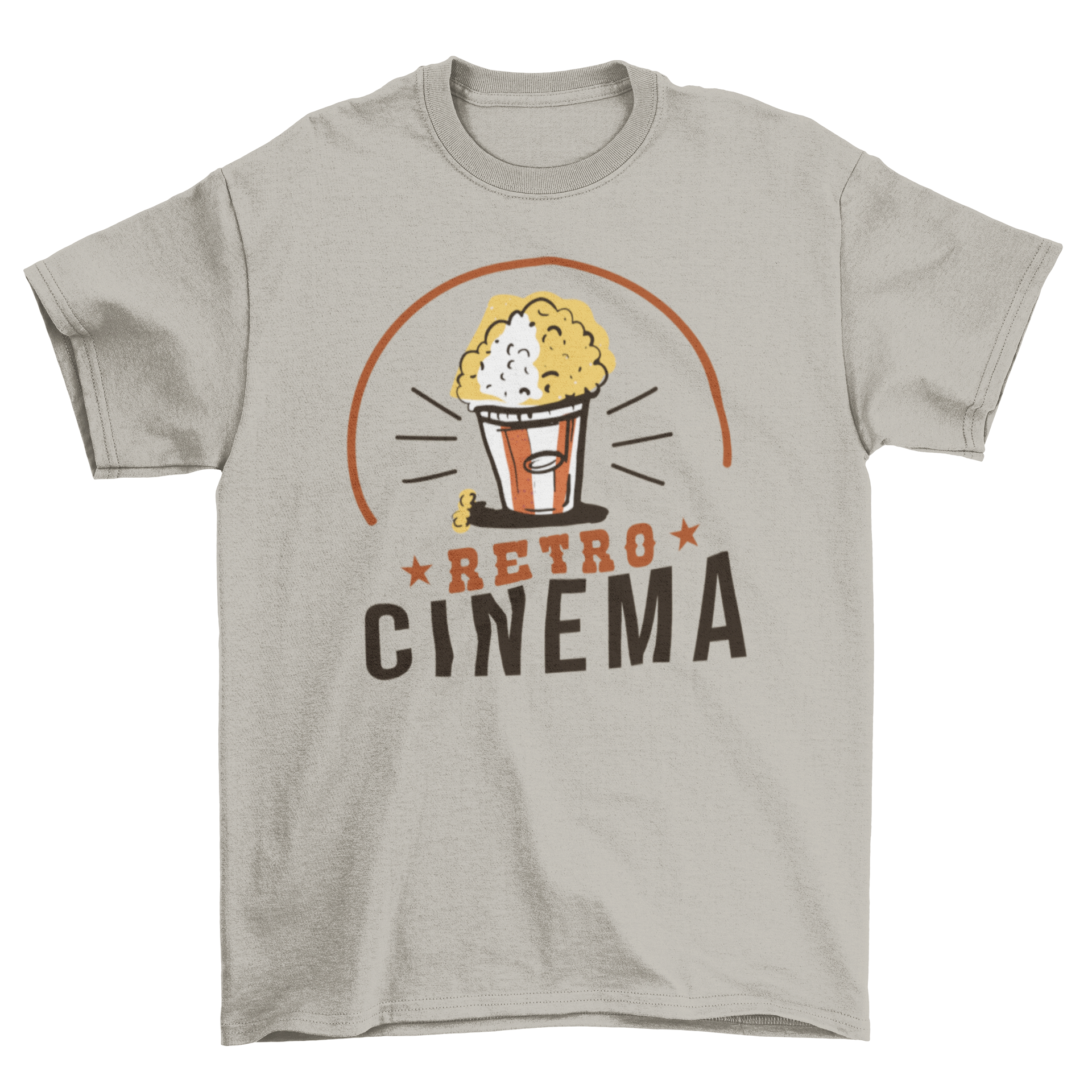 A stylish Retro Cinema t-shirt featuring a vintage popcorn graphic and the caption 'Retro Cinema'.