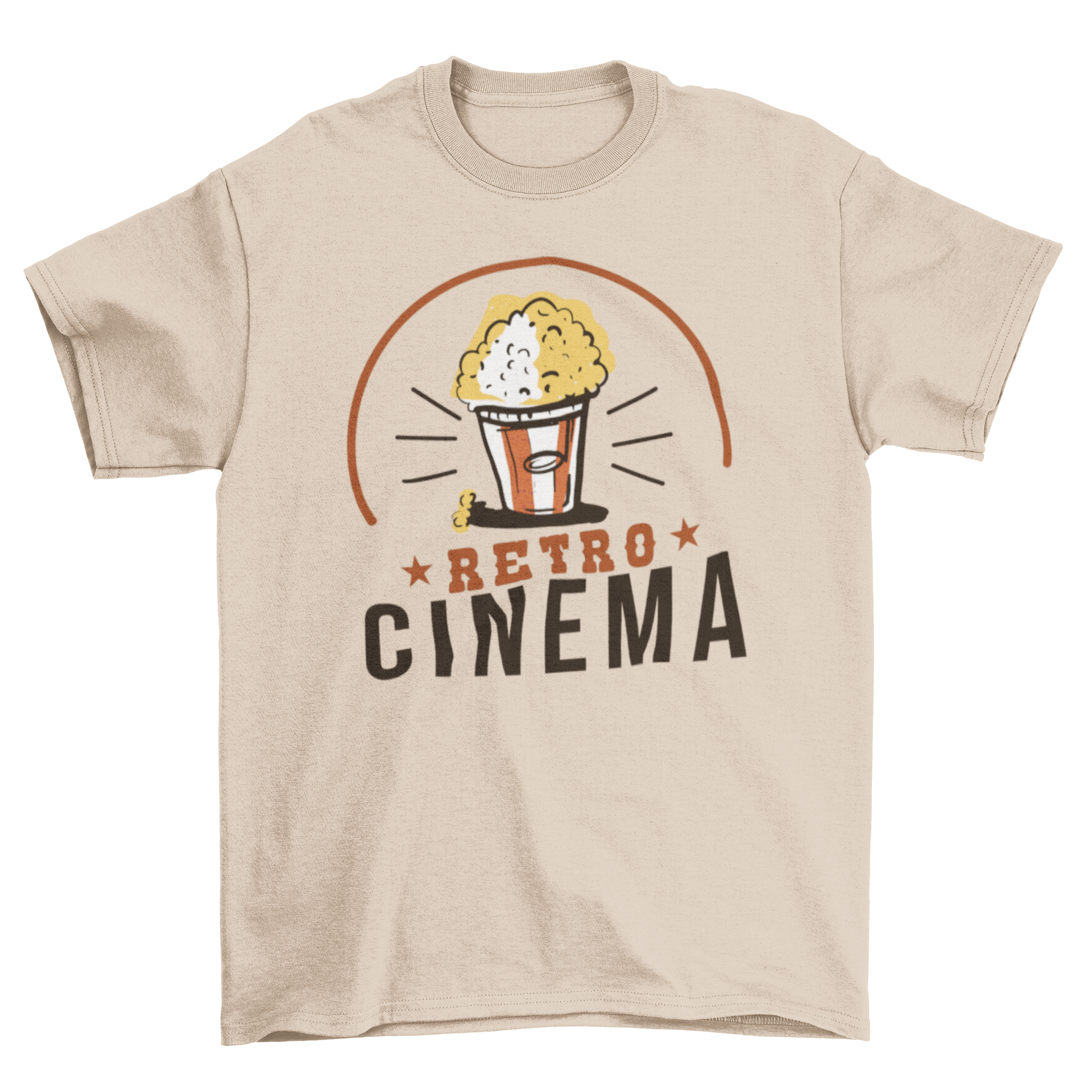 A stylish Retro Cinema t-shirt featuring a vintage popcorn graphic and the caption 'Retro Cinema'.