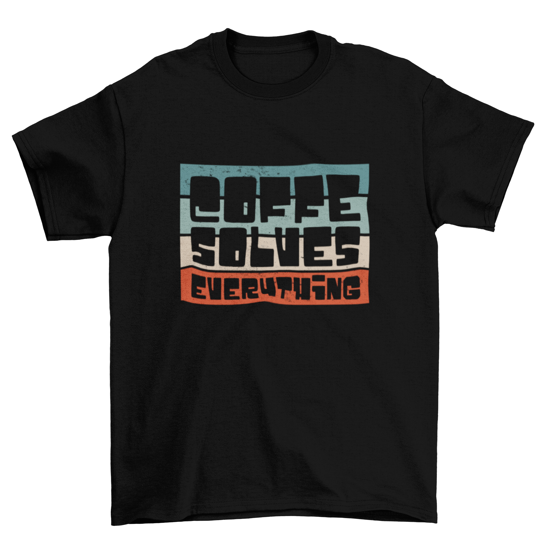 A stylish retro coffee t-shirt featuring the quote 'Coffee solves everything' with a colorful vintage background.