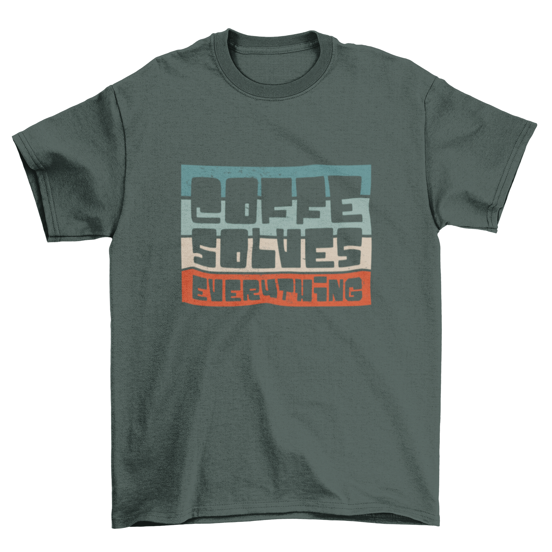 A stylish retro coffee t-shirt featuring the quote 'Coffee solves everything' with a colorful vintage background.