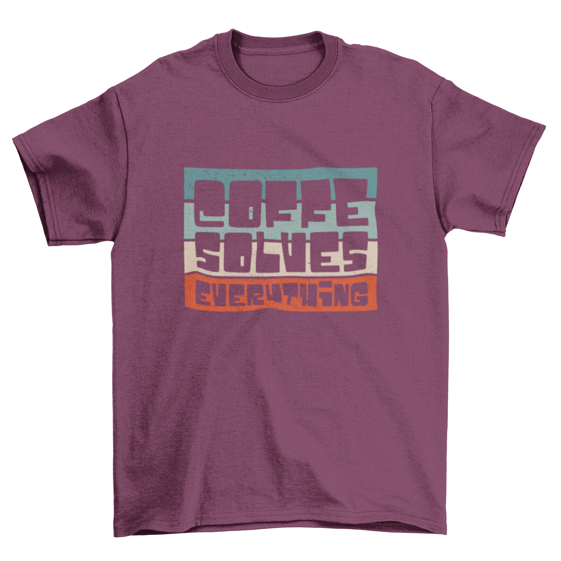 A stylish retro coffee t-shirt featuring the quote 'Coffee solves everything' with a colorful vintage background.