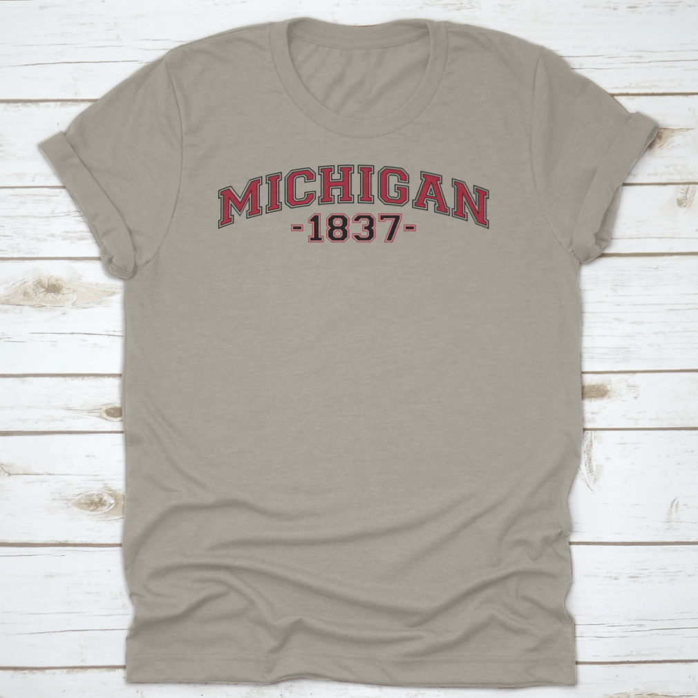 Retro College Varsity Font Typography Michigan State Slogan Print on a soft cotton fabric, showcasing a classic design.