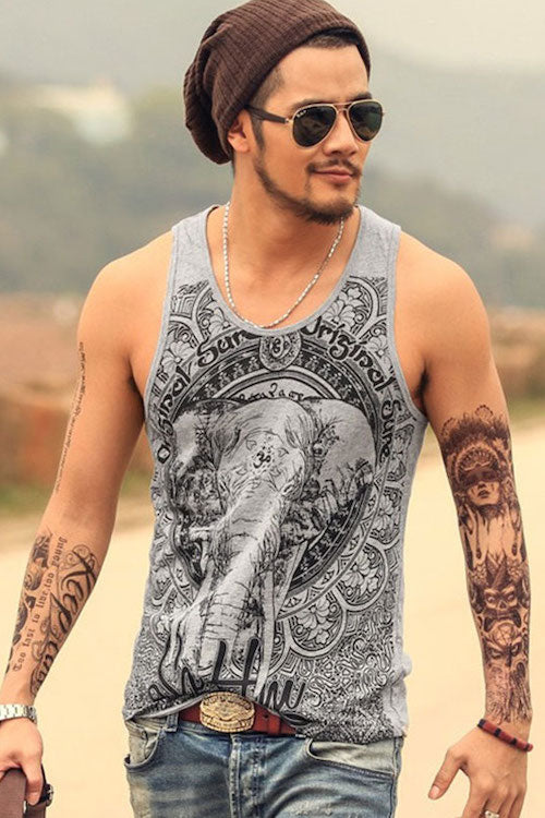 A stylish Retro Elephant Tank Top featuring a vibrant elephant graphic, made from soft cotton blend fabric.