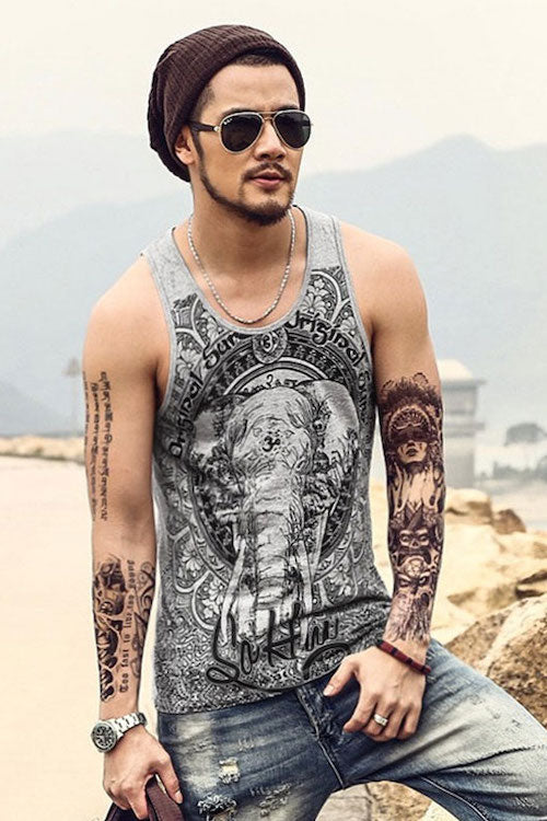 A stylish Retro Elephant Tank Top featuring a vibrant elephant graphic, made from soft cotton blend fabric.