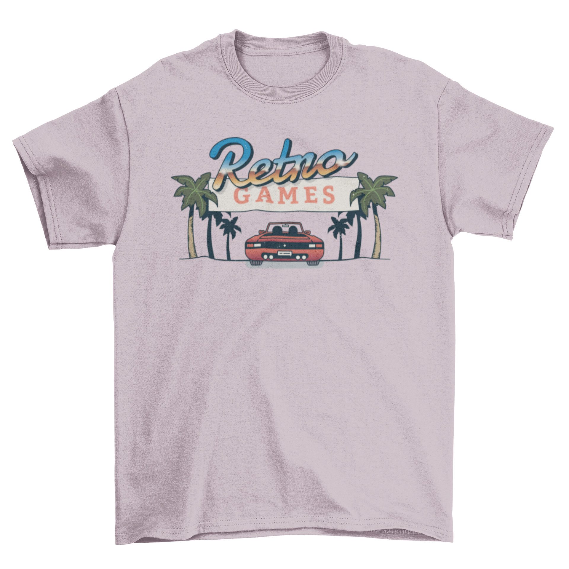 Retro games t-shirt featuring a vibrant design of a retro car and palm trees with the text 'Retro Games'.