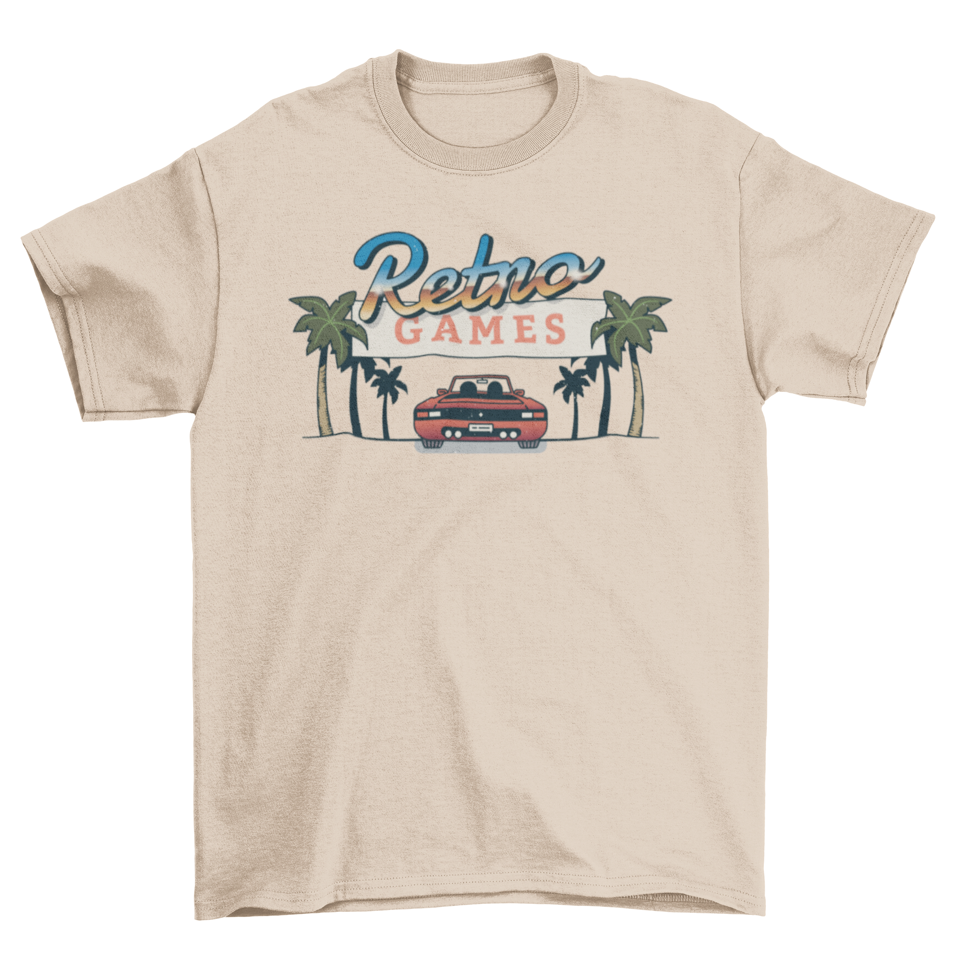 Retro games t-shirt featuring a vibrant design of a retro car and palm trees with the text 'Retro Games'.